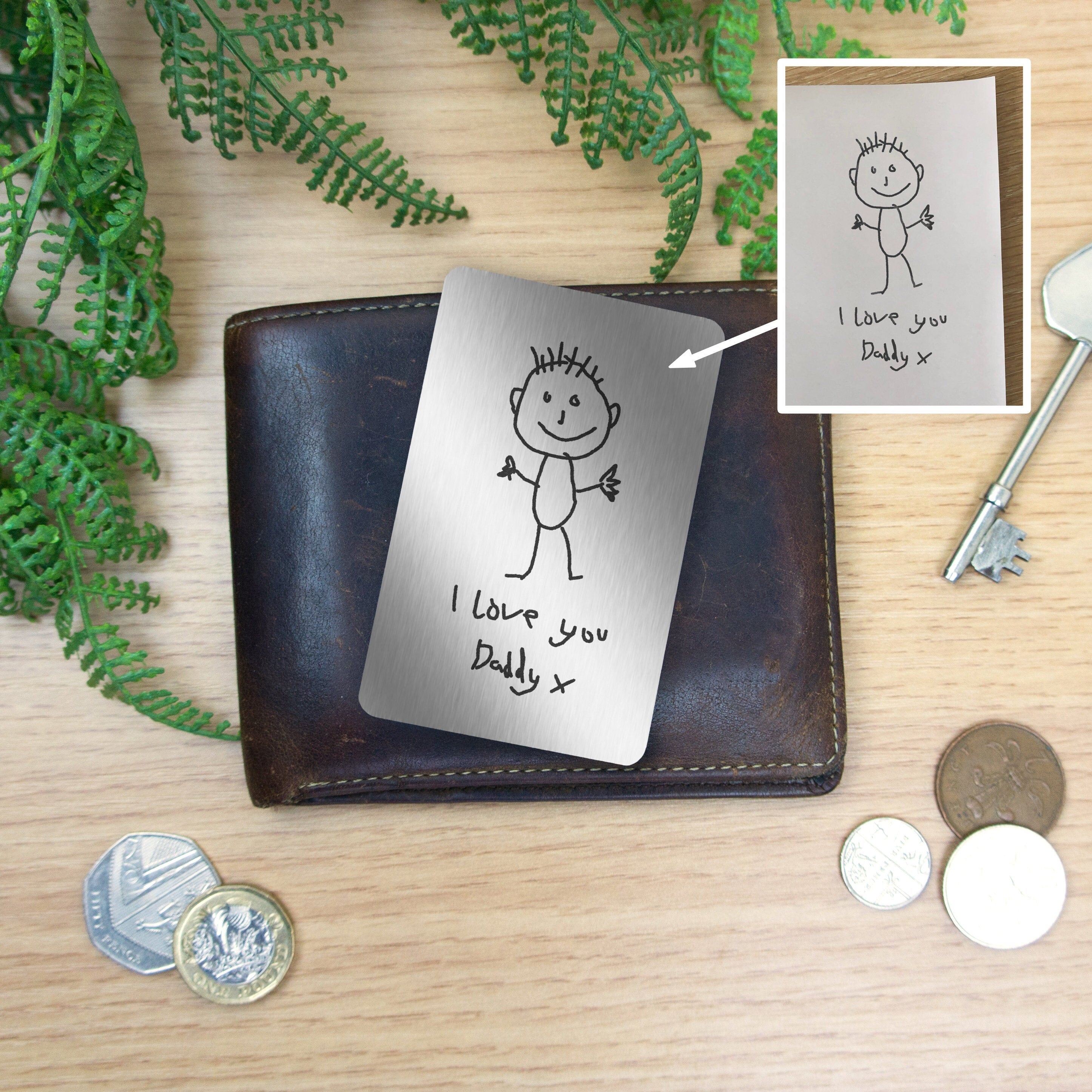 Personalised Metal Wallet Card: Child's Drawing Keepsake for Dad