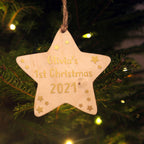 Personalised 1st christmas star tree decorations 2021, hanging wooden star xmas dec, babys first christmas bauble holiday ornaments