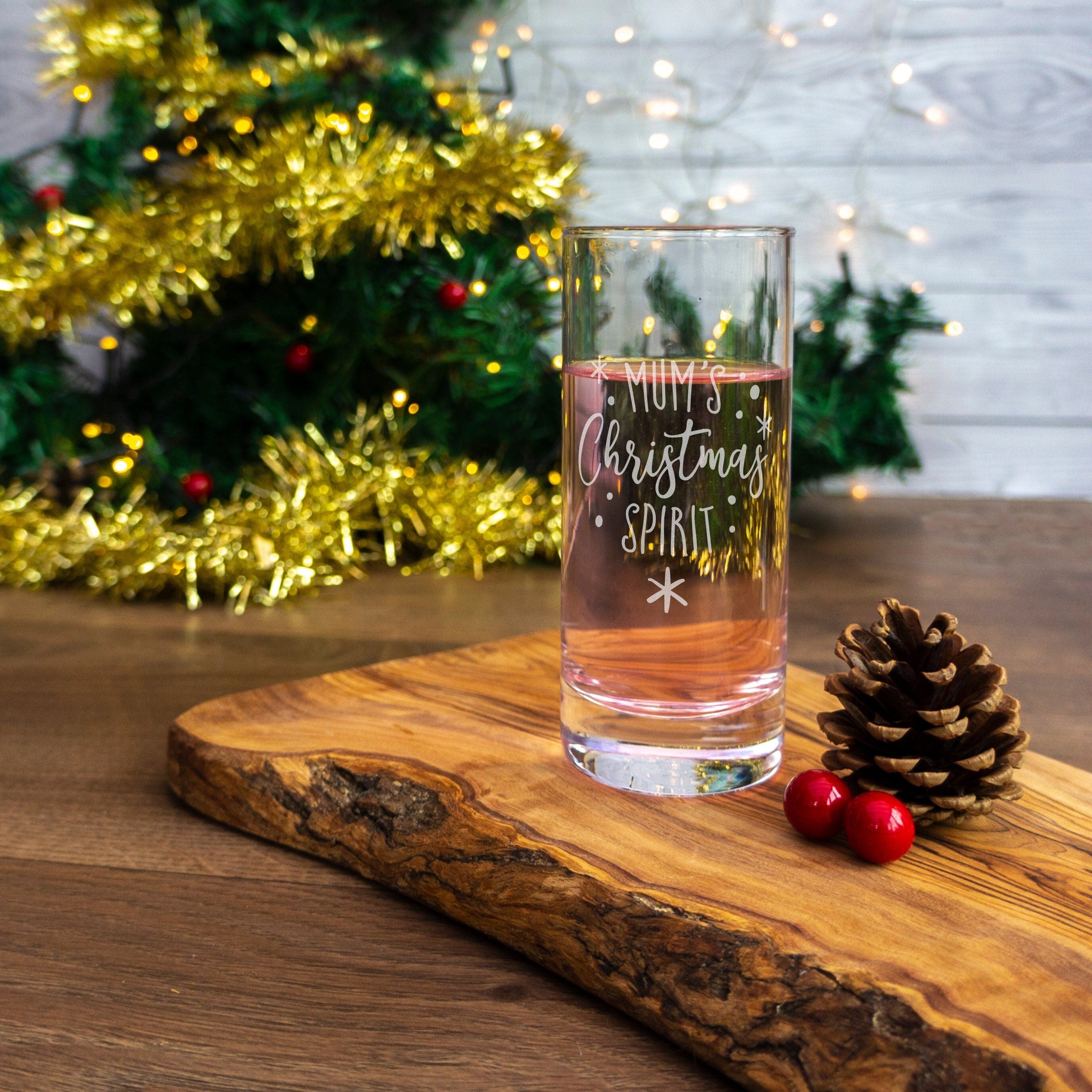 Christmas spirit glass for mum personalised with name. Xmas drinking hiball glasses. Christmas gifts for her. half pint hi ball gin tonic