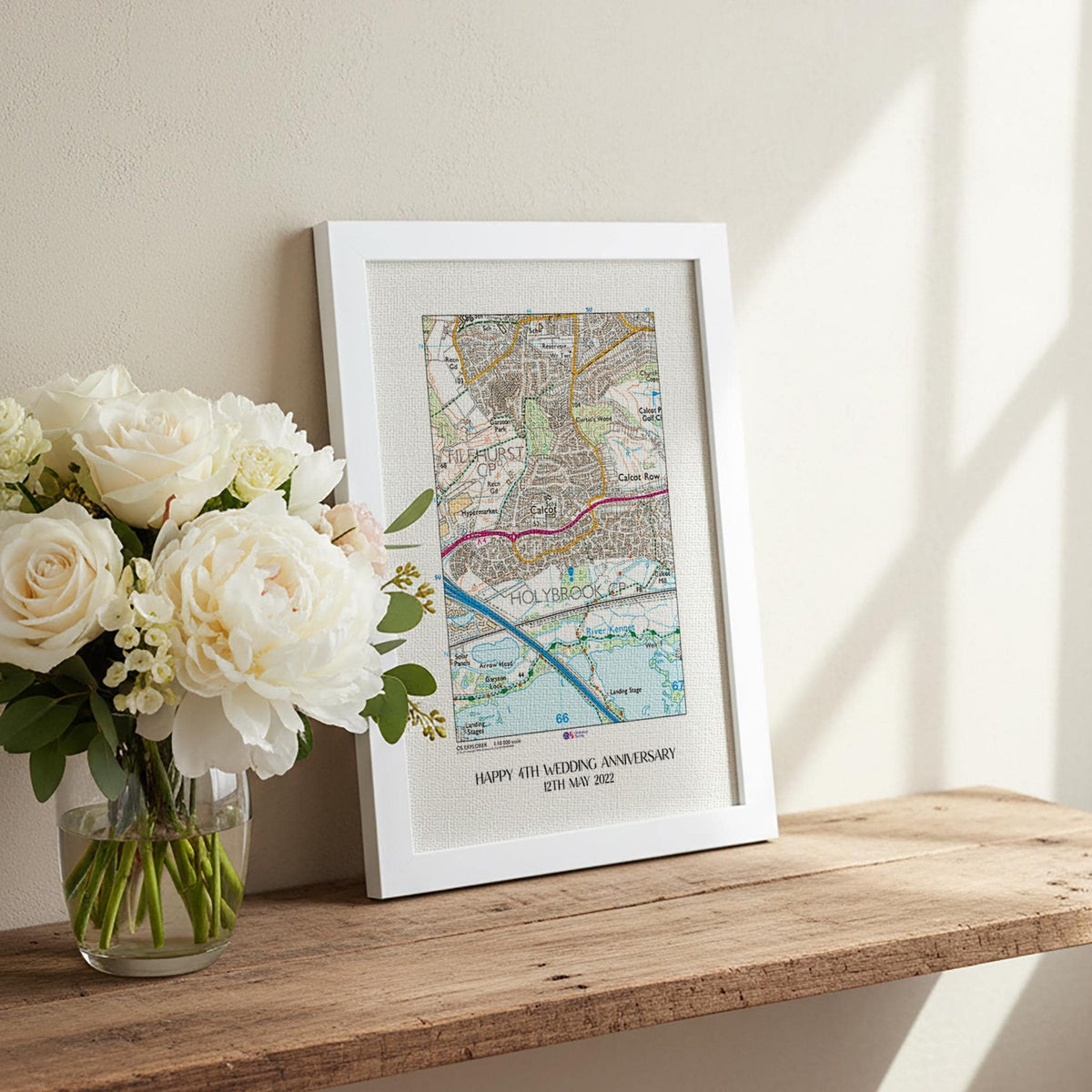 OS Map Print on linen fabric framed for 4th or 12th wedding anniversary gift. Custom location