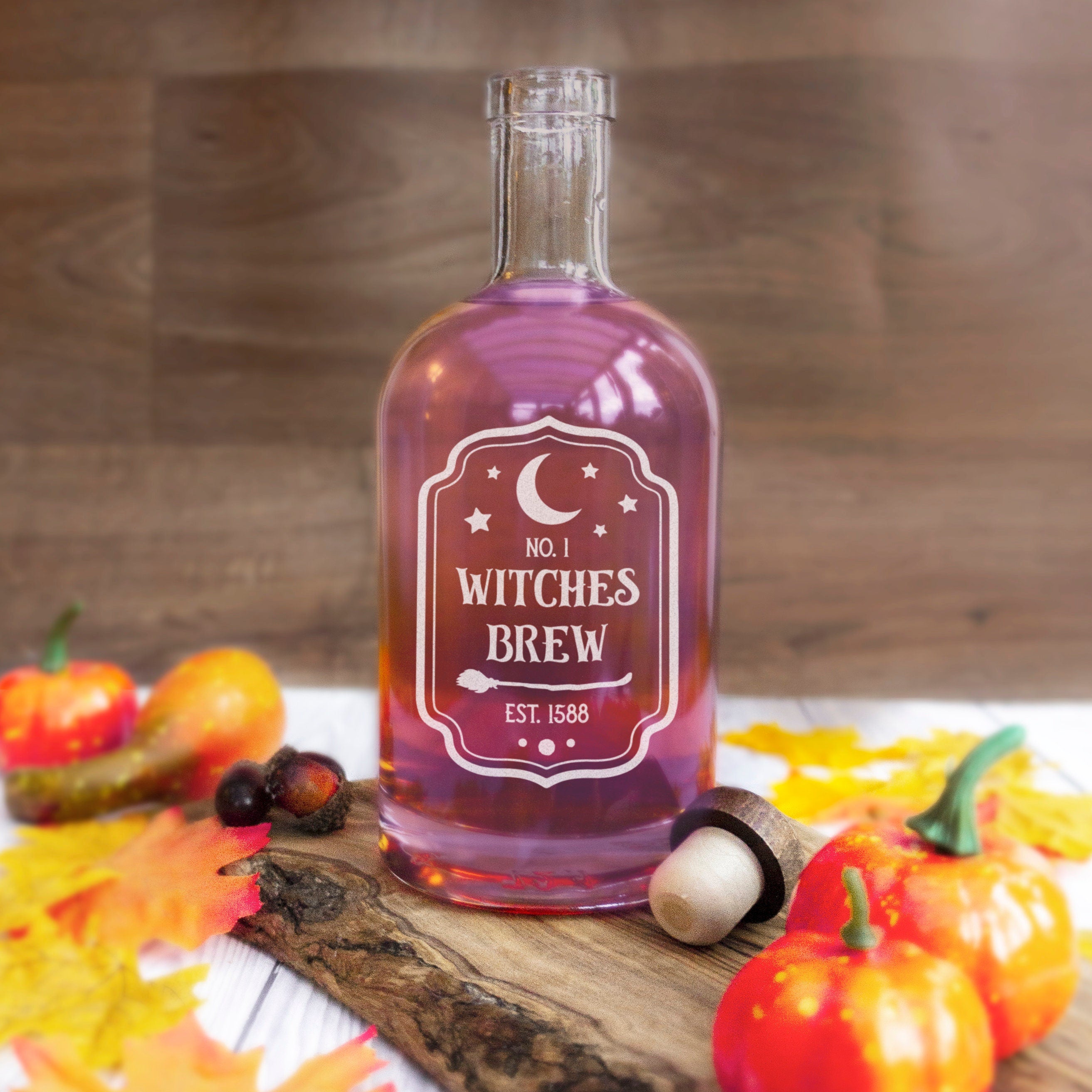 Witches brew bottle label for halloween glass decanter. Spirit bottle engraved with spooky design for halloween party supplies