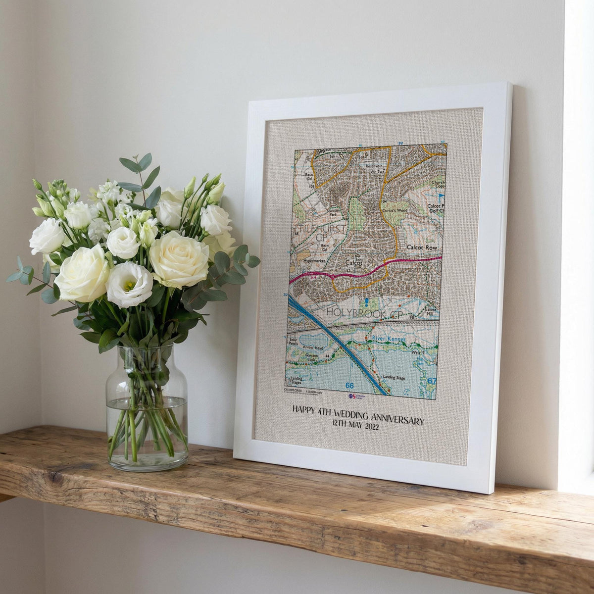 OS Map Print on linen fabric framed for 4th or 12th wedding anniversary gift. Custom location