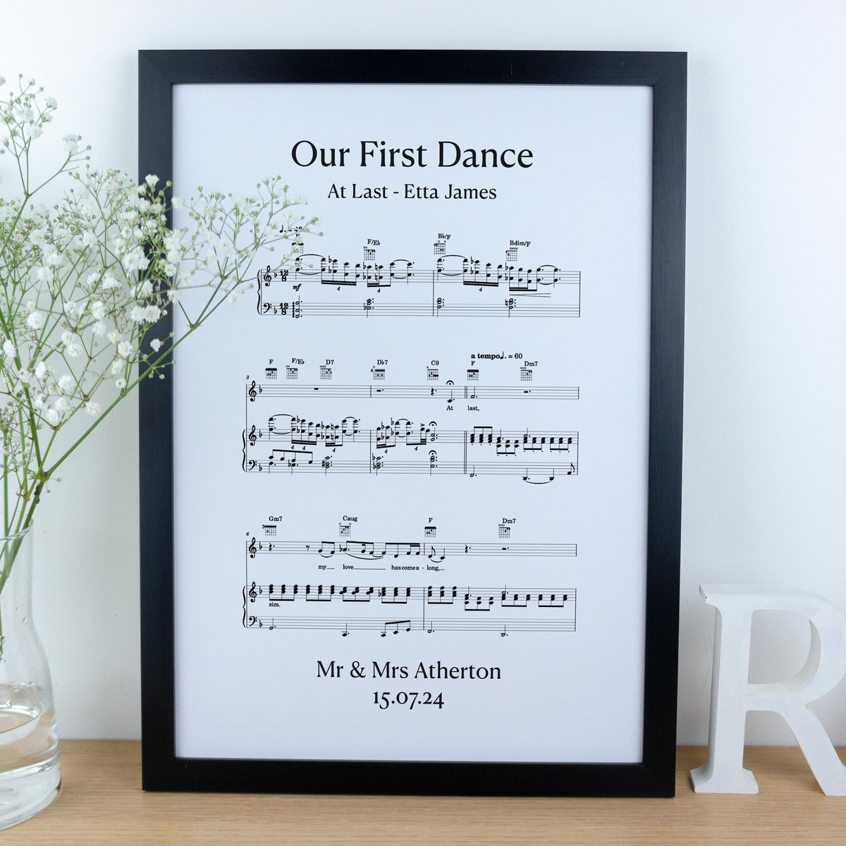 First dance song sheet music print on card for 1st paper anniversary