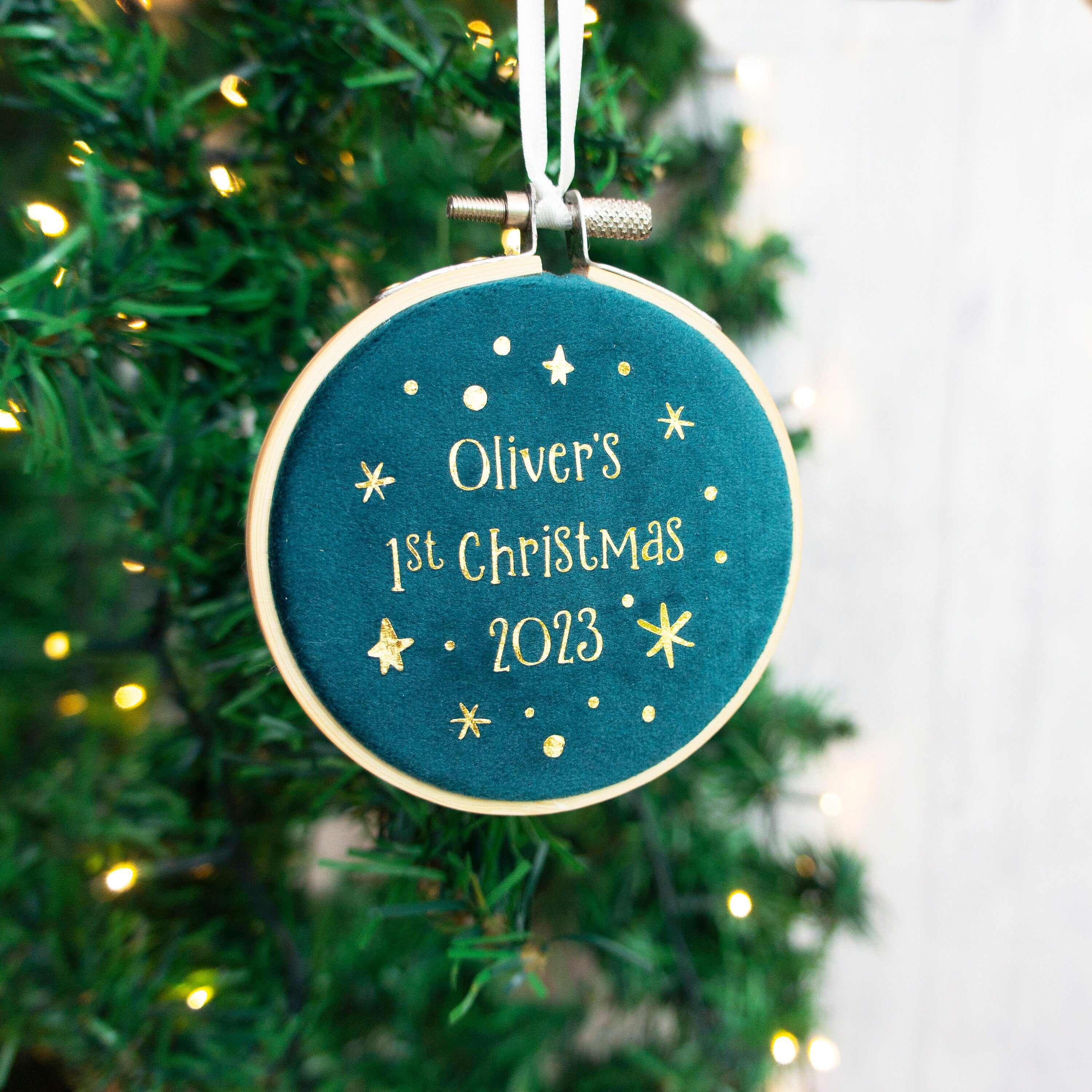 Baby's first Christmas ornament. Xmas tree bauble decoration for New child's 1st xmas velvet hanging embroidery hoop for parent gift in gold