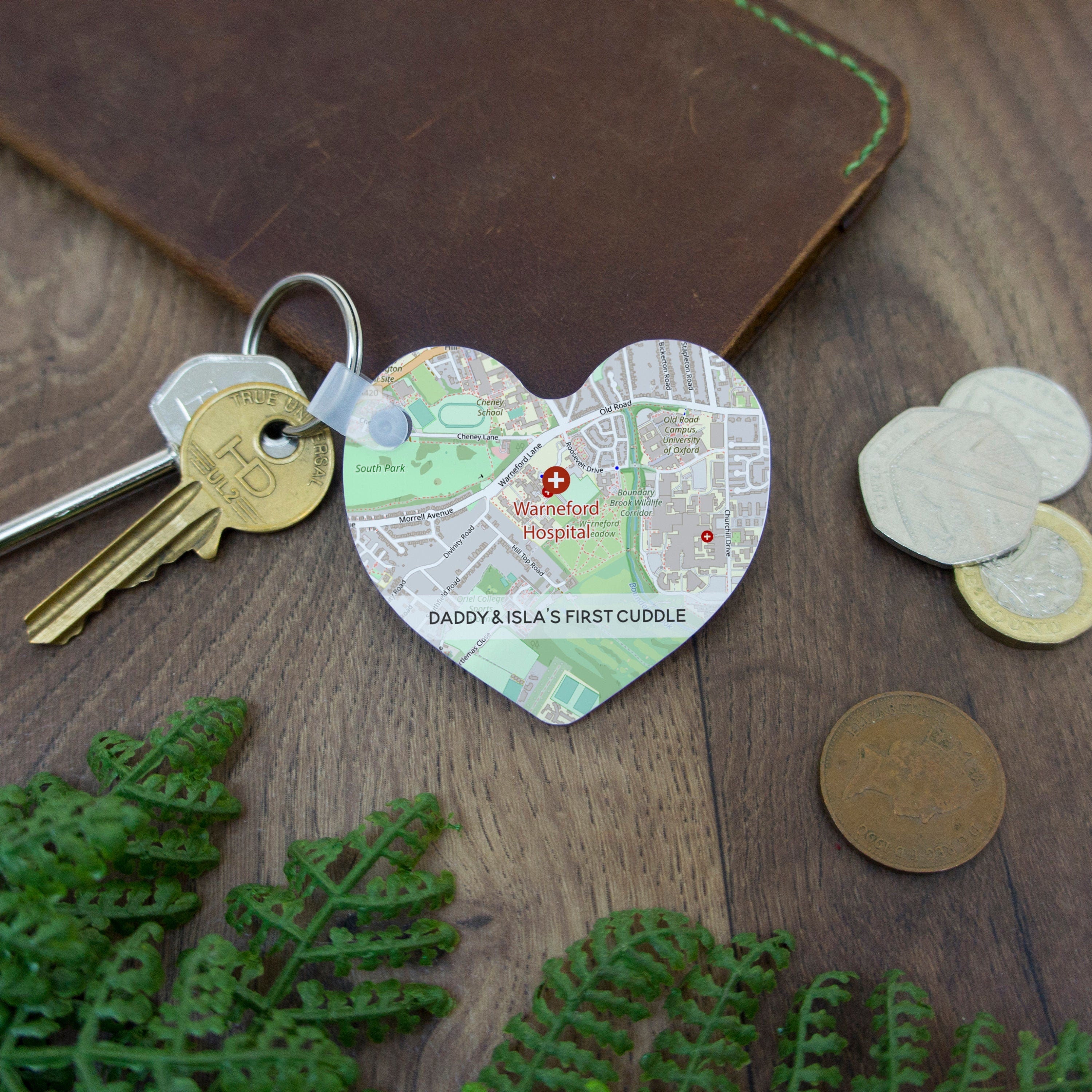 Fathers day heart keyring gift personalised Map and custom caption. Daddy's first father's day 2021 gift for him key ring fob dad