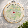 Embroidery Hoop Linen Map with Custom Text - Home is where the heart is Location