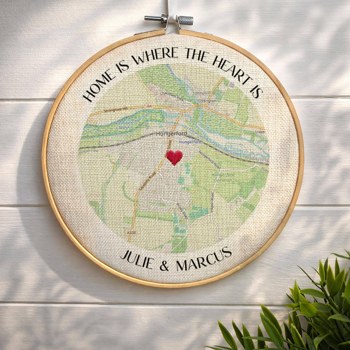 Embroidery Hoop Linen Map with Custom Text - Home is where the heart is Location