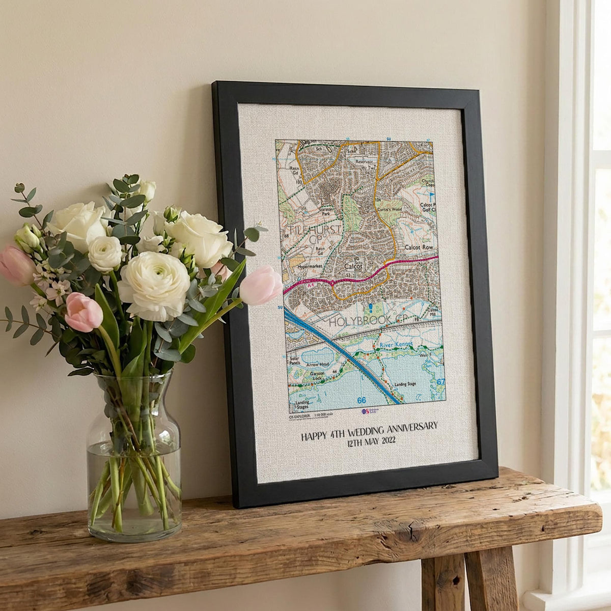 OS Map Print on linen fabric framed for 4th or 12th wedding anniversary gift. Custom location