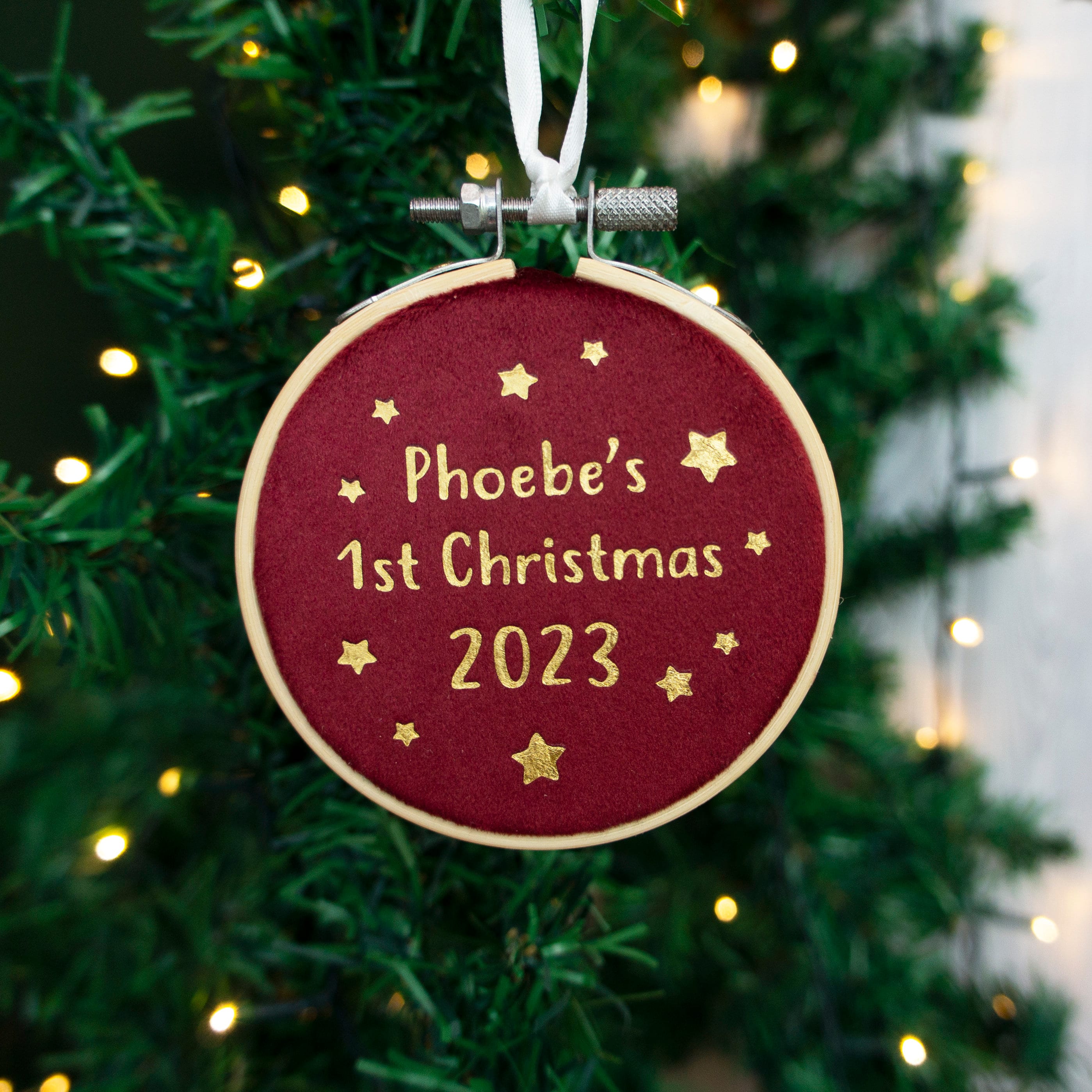 Baby's first Christmas bauble tree decoration. New child's 1st xmas velvet hanging embroidery hoop ornament for new parent gift