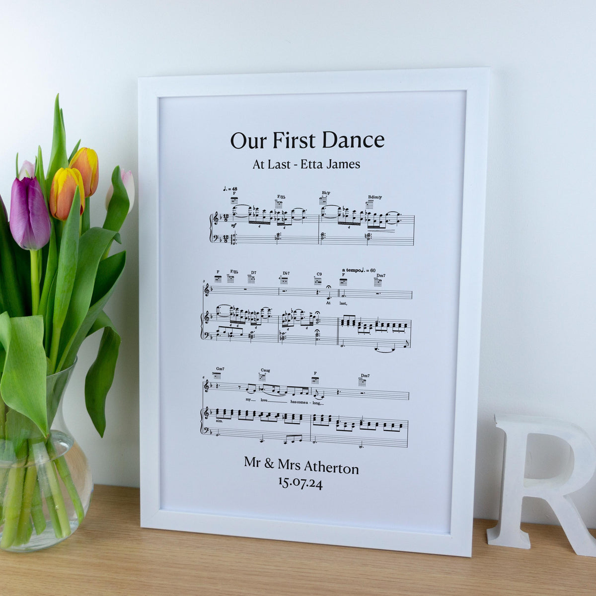 First dance song sheet music print on card for 1st paper anniversary