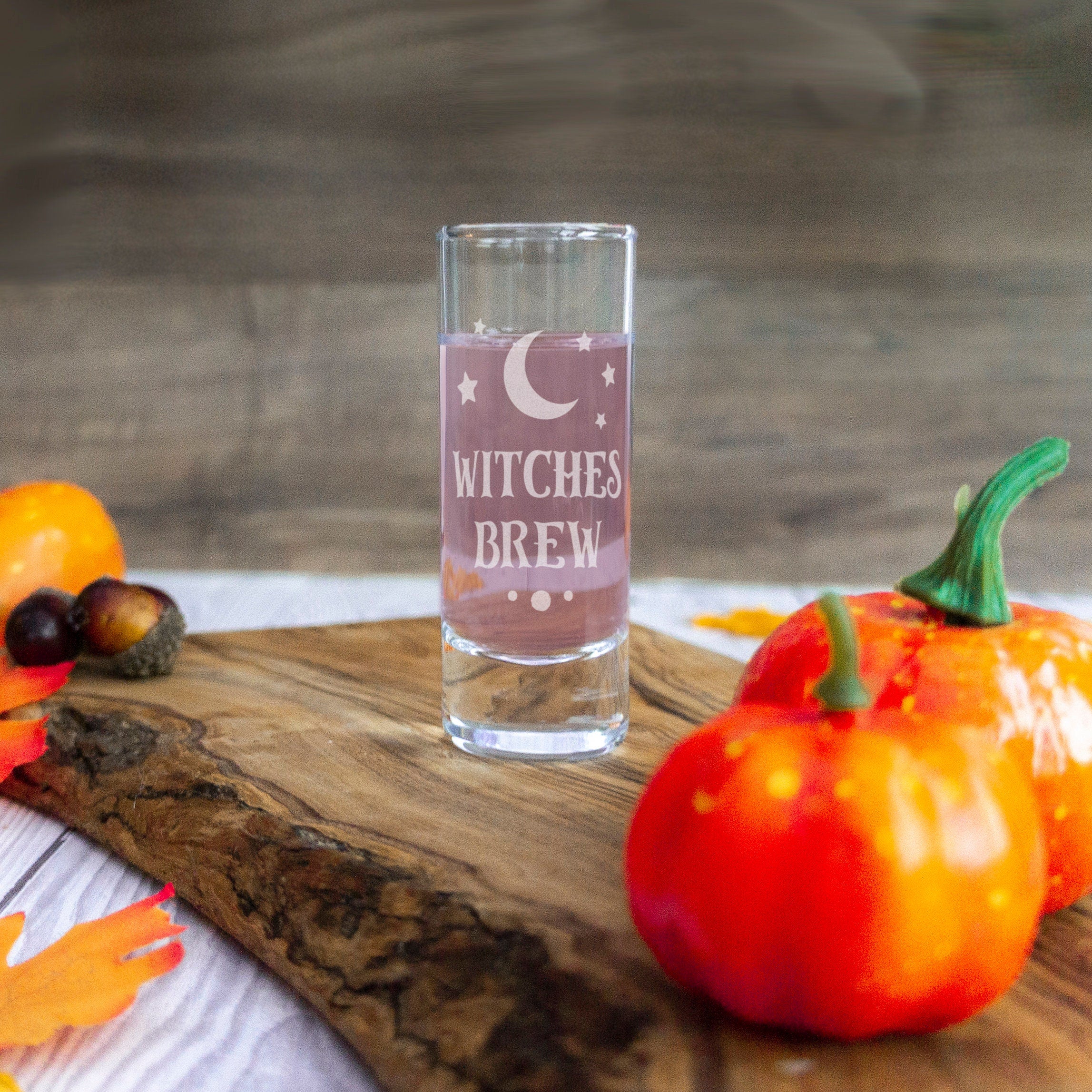 Witches brew shot glass for halloween party home decor. Spirit drinks glass engraved with spooky design for halloween party supplies