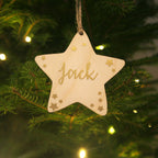 Personalised name christmas star tree decoration, hanging wooden gold star xmas dec, baby first christmas bauble. holiday decorations 2020