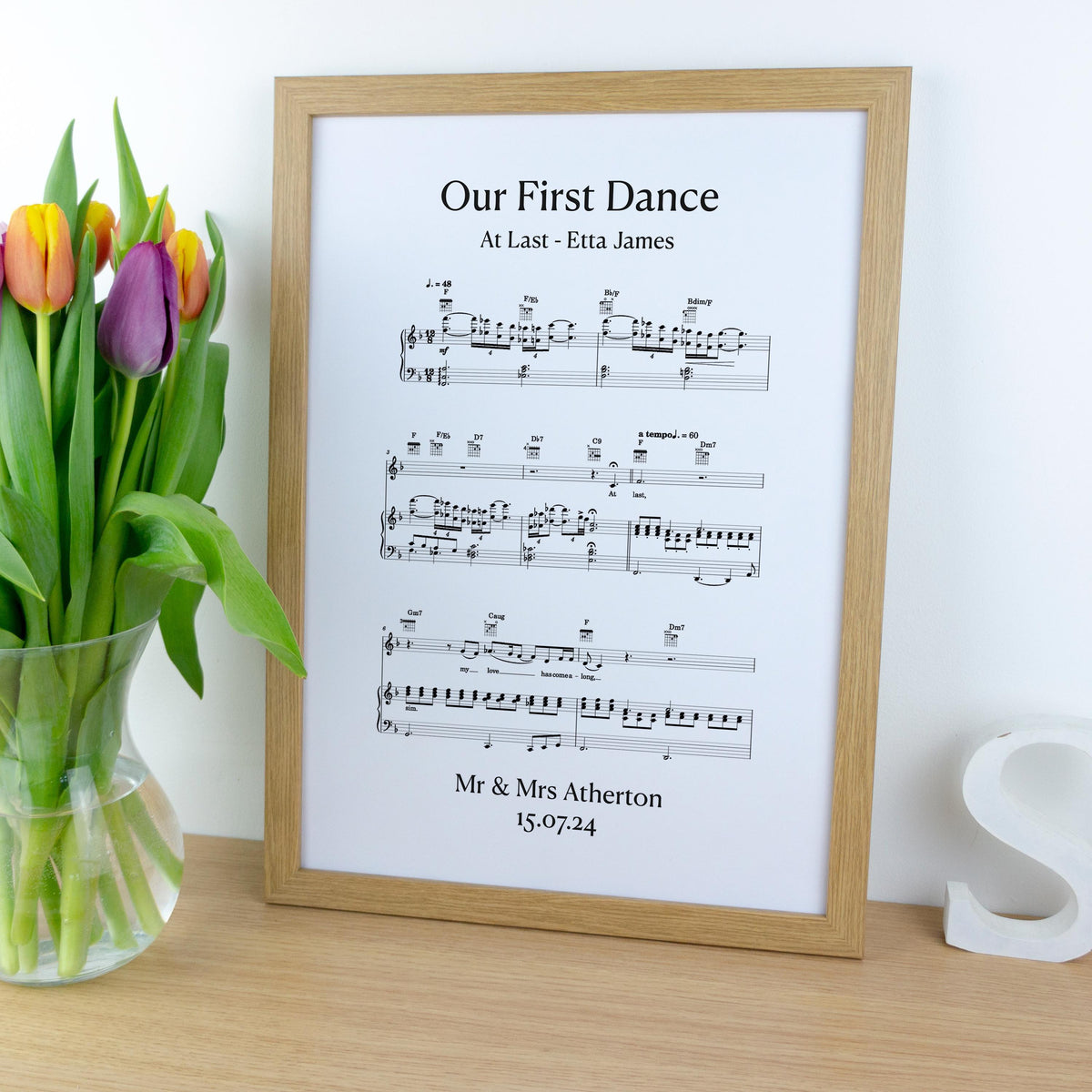 First dance song sheet music print on card for 1st paper anniversary