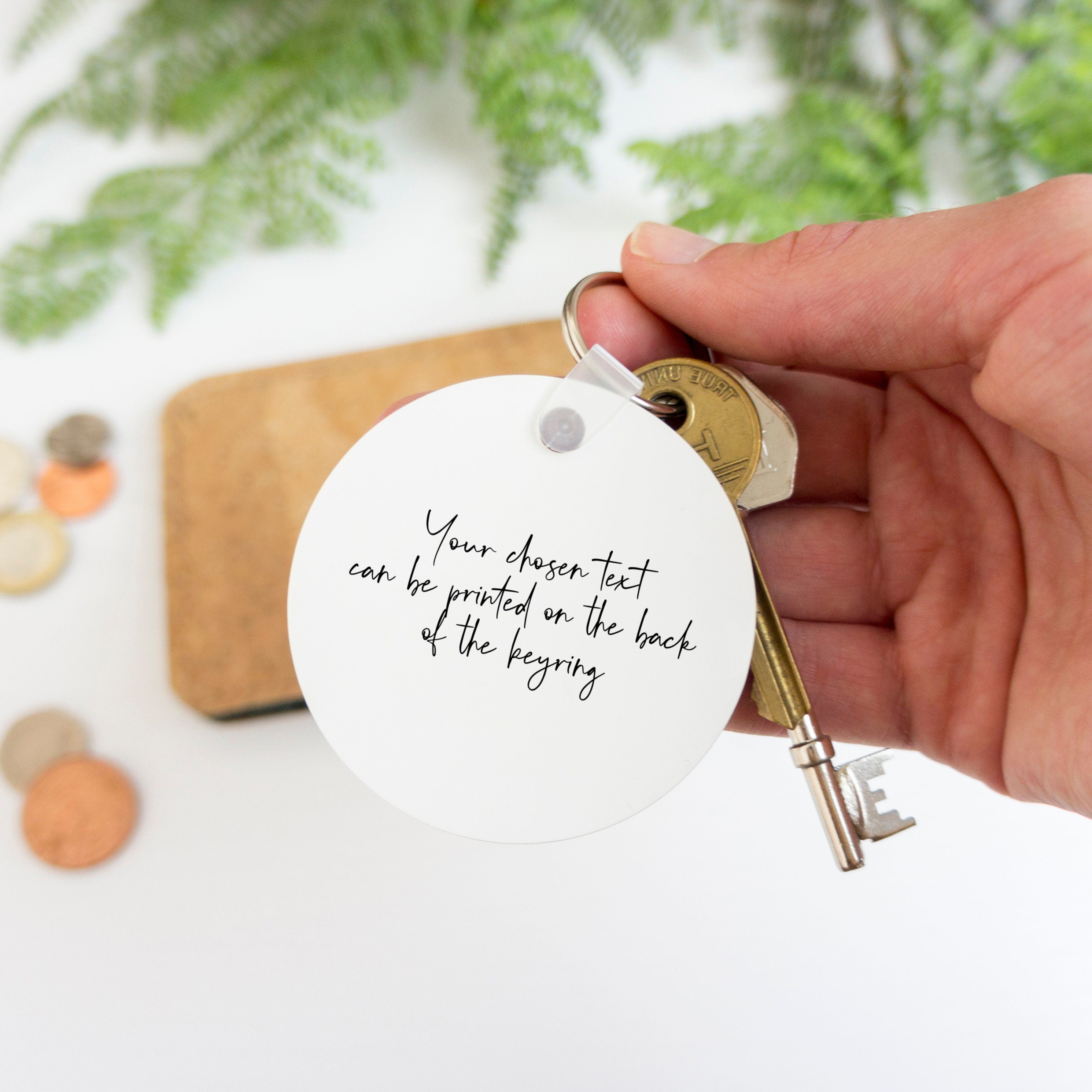 Round photo keyring with personalised caption. Christmas anniversary gift for boyfriend or girlfriend. Picture circle key fob gift for him