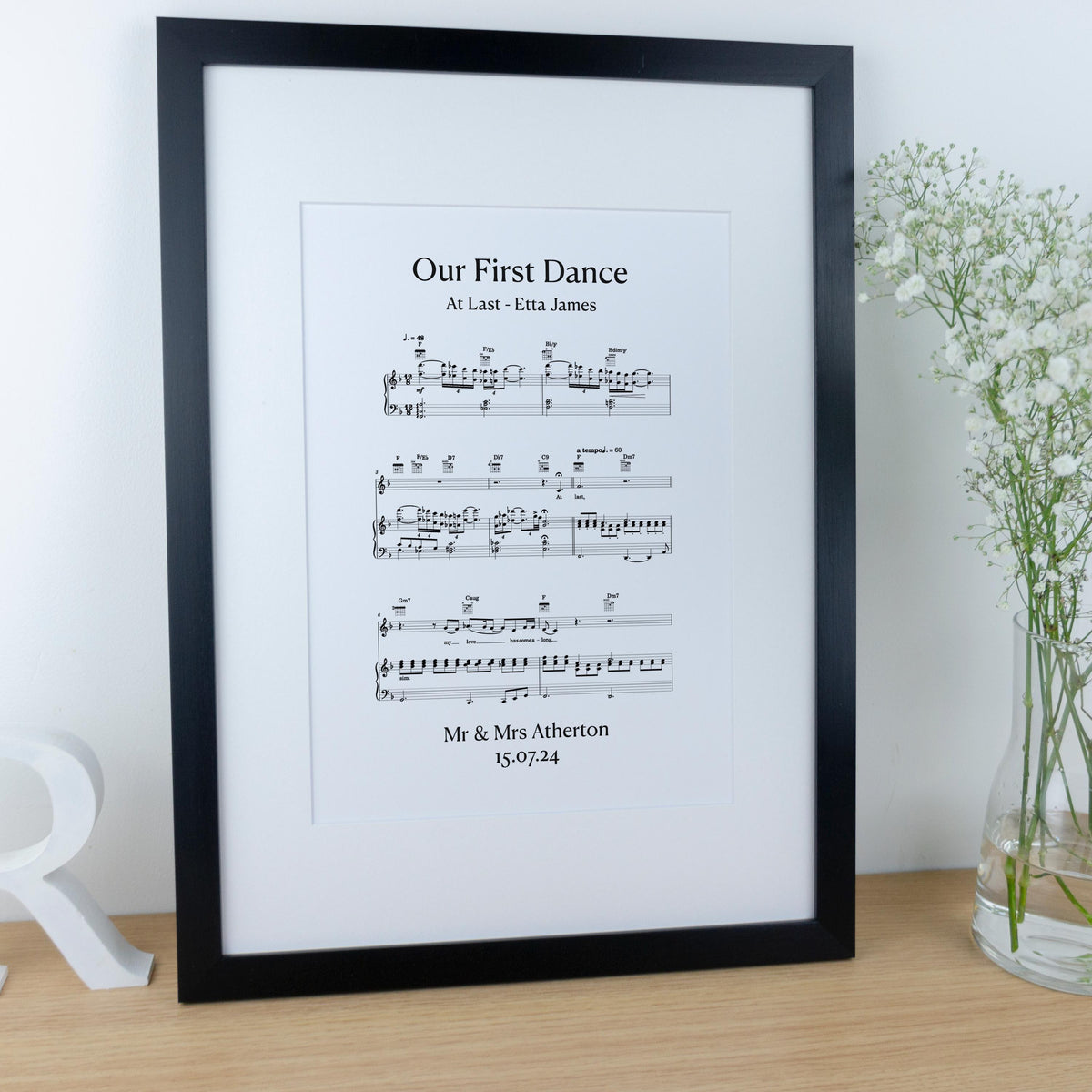 First dance song sheet music print on card for 1st paper anniversary