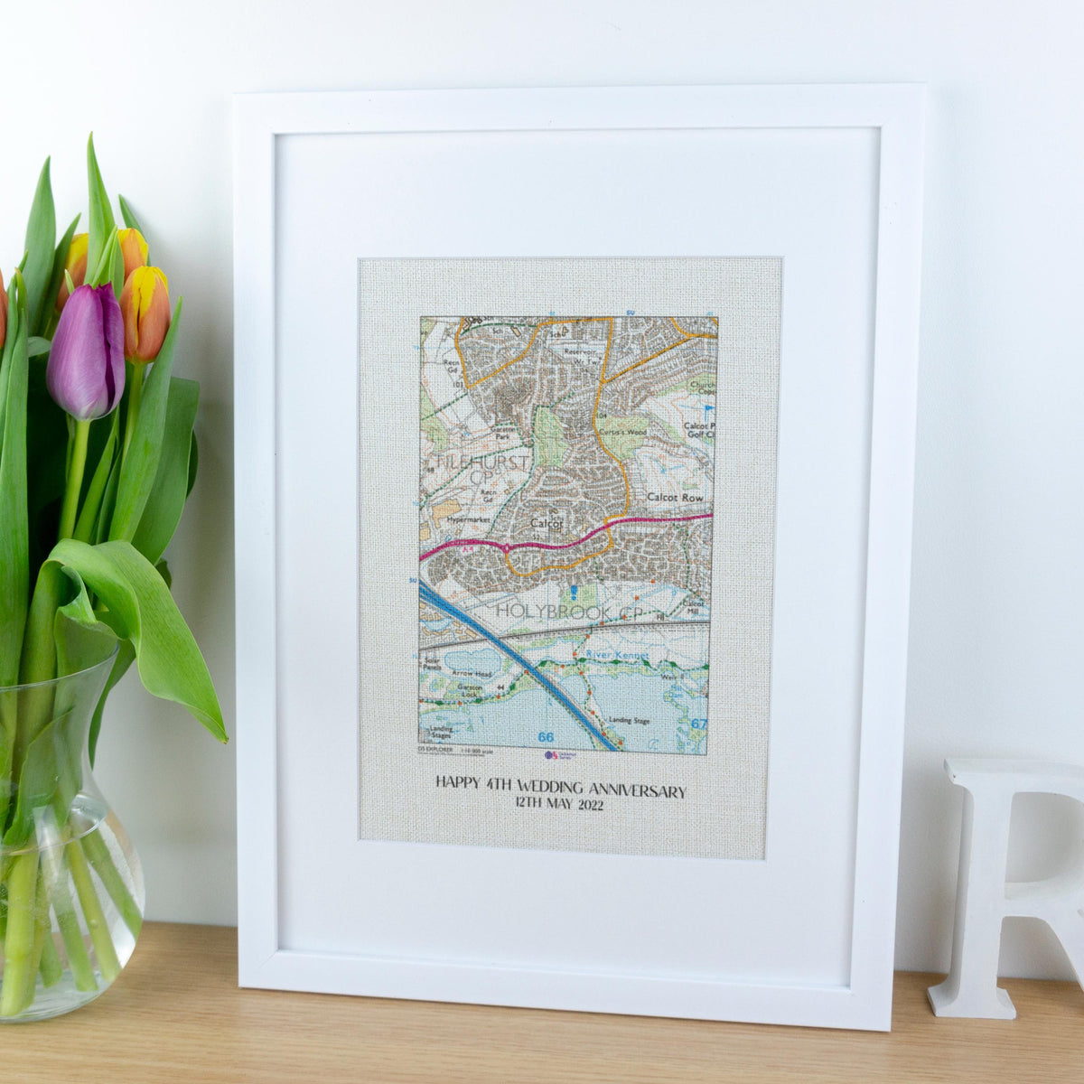 OS Map Print on linen fabric framed for 4th or 12th wedding anniversary gift. Custom location