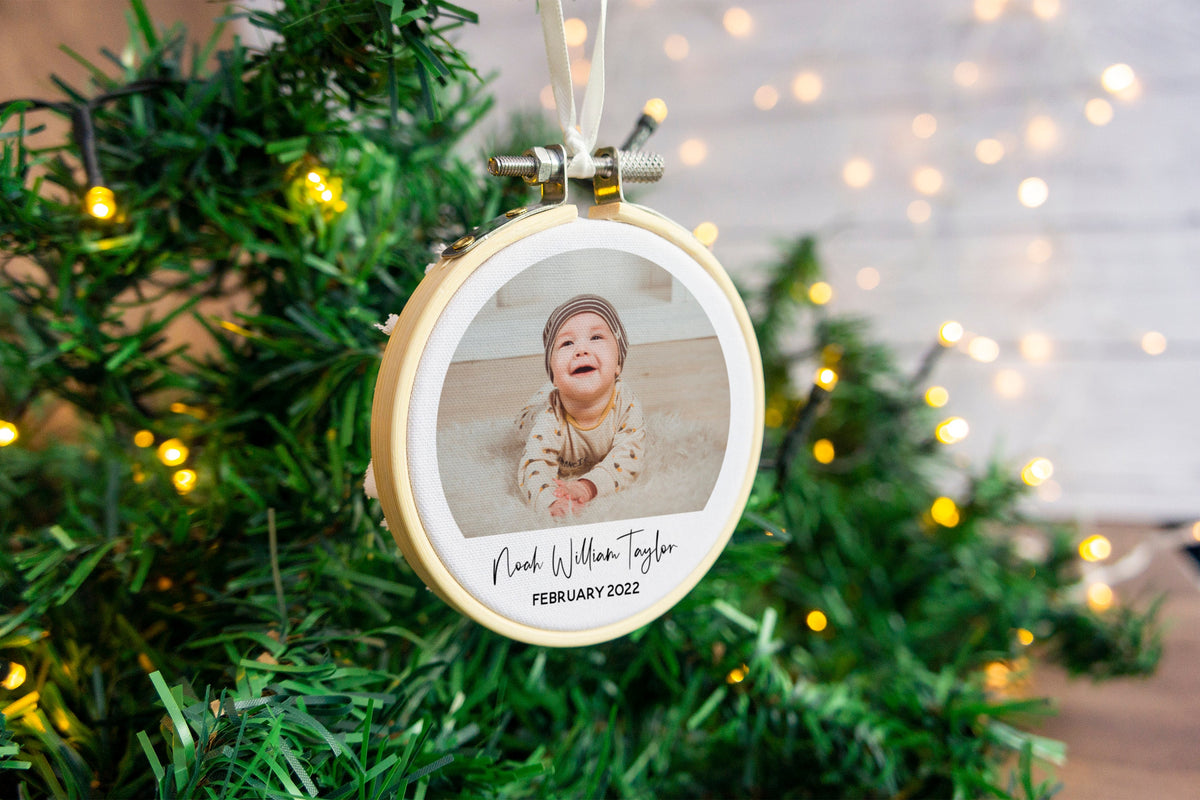 Baby's first Christmas photo bauble decoration. New child's 1st xmas hanging dec embroidery hoop with custom photograph printed grandparent