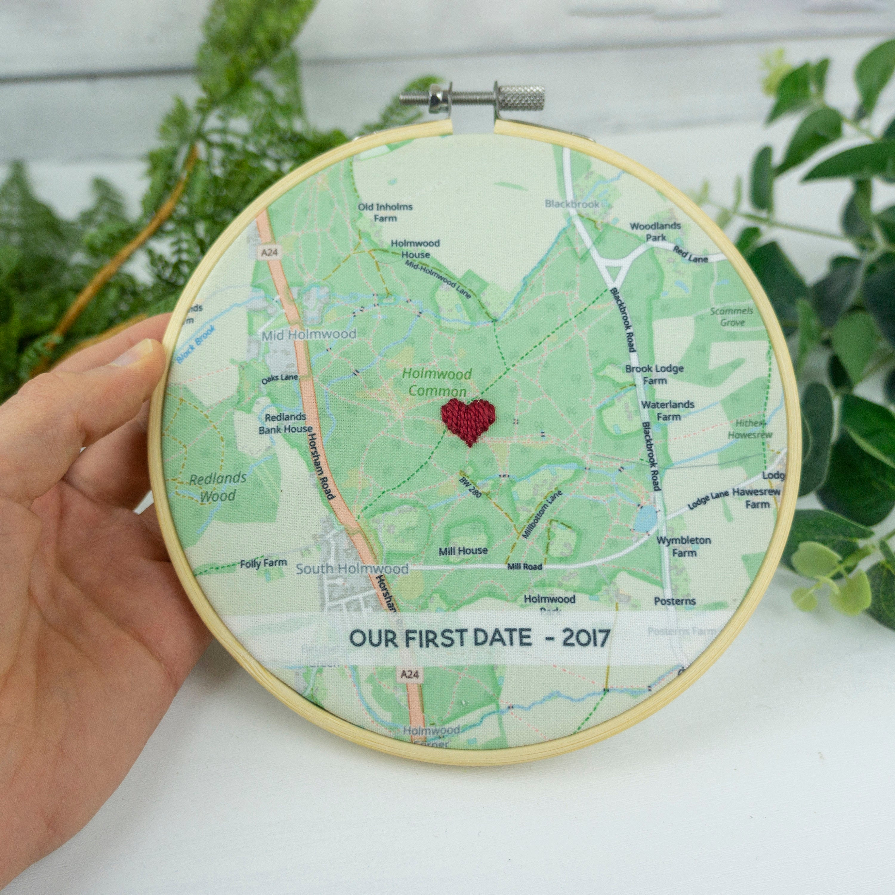 Personalised map embroidery hoop Cotton 2nd anniversary gift for husband wife him her Valentines gift for boyfriend girlfriend engagement