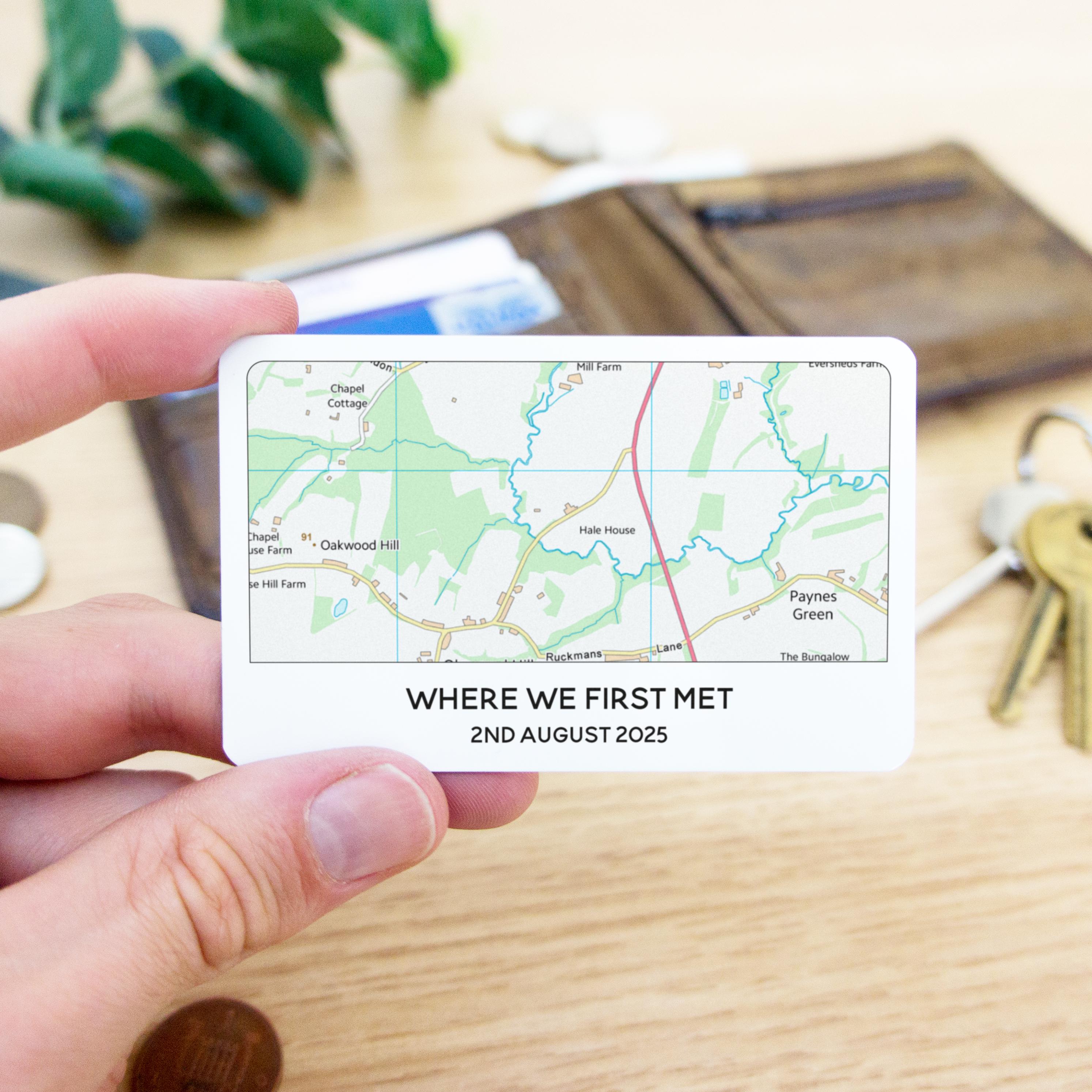 OS map wallet card Anniversary or Valentine's Day gift for boyfriend, Where we first met Ordnance Survey map metal keepsake location him