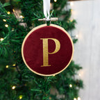 Christmas bauble tree decoration. Hanging velvet embroidery hoop ornament & shiny initial letter. New baby's first xmas gift for 1st parent