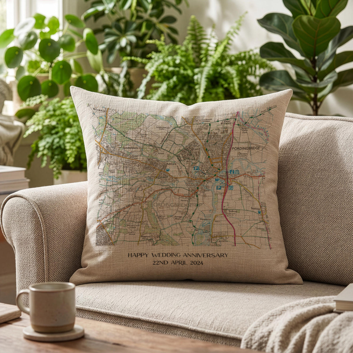 OS Map linen cushion for 4th or 12th wedding anniversary gift. Special location