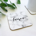 Personalised marble coaster with name in script text. Square drinks mat with marble effect printed. valentines day gift for her wedding