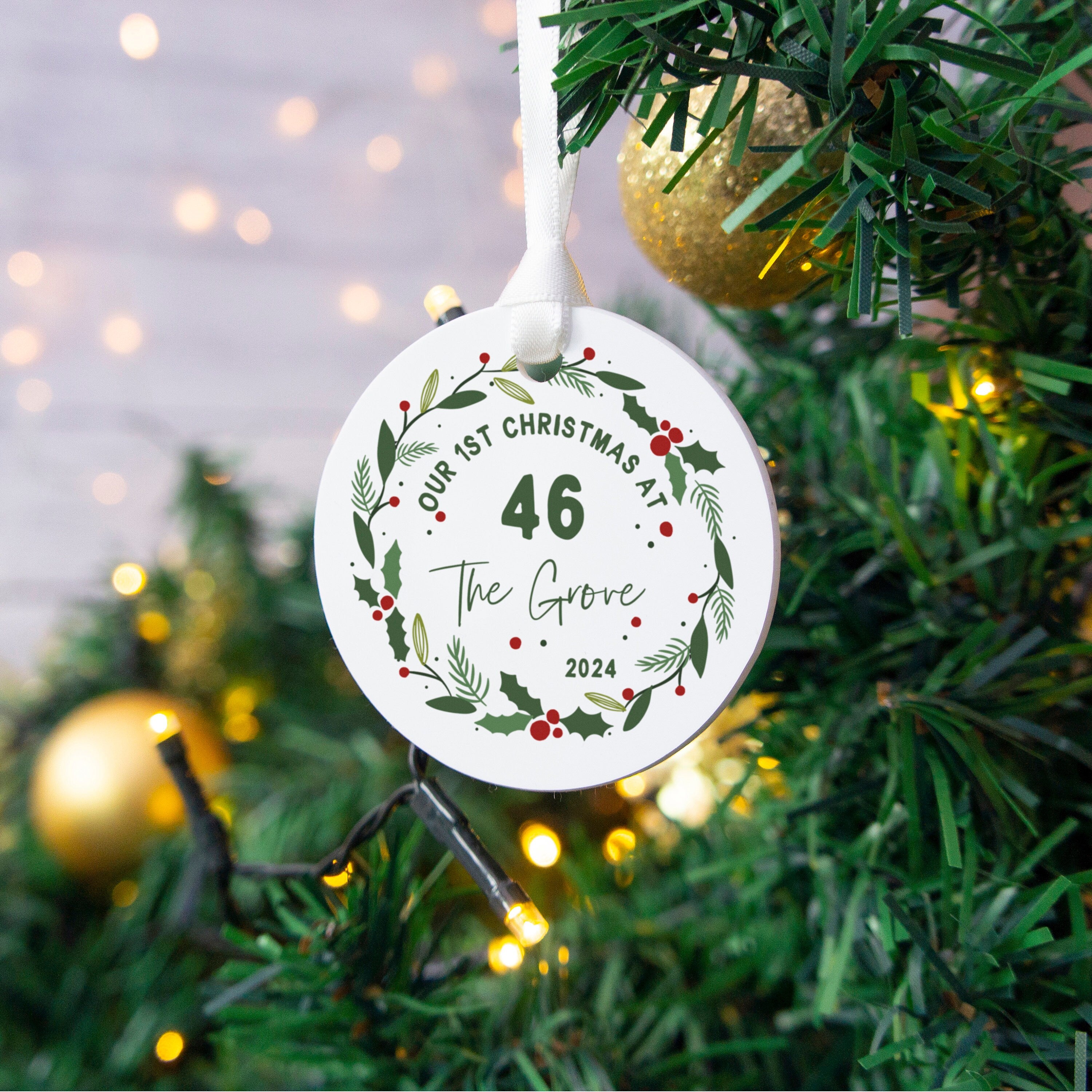 New Home Christmas Bauble, Personalised Hanging Ornament (Custom Text)