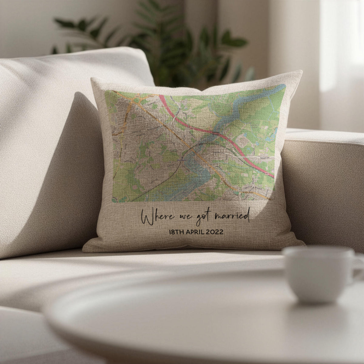 Map location linen cushion for 4th or 12th wedding anniversary gift