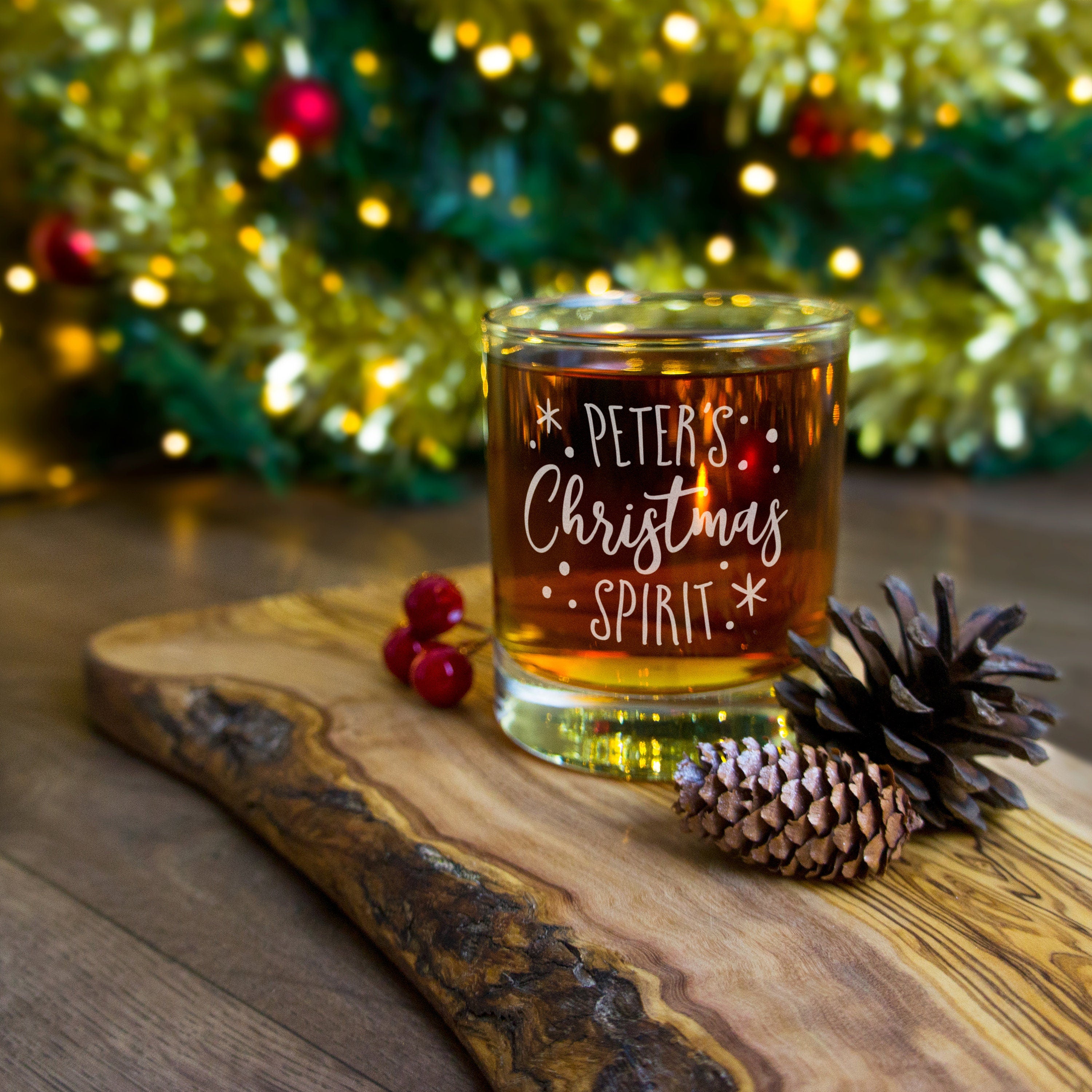 Christmas spirit whiskey glass personalised with name. Xmas whisky tumbler drinking glasses. Christmas gifts for dad, him