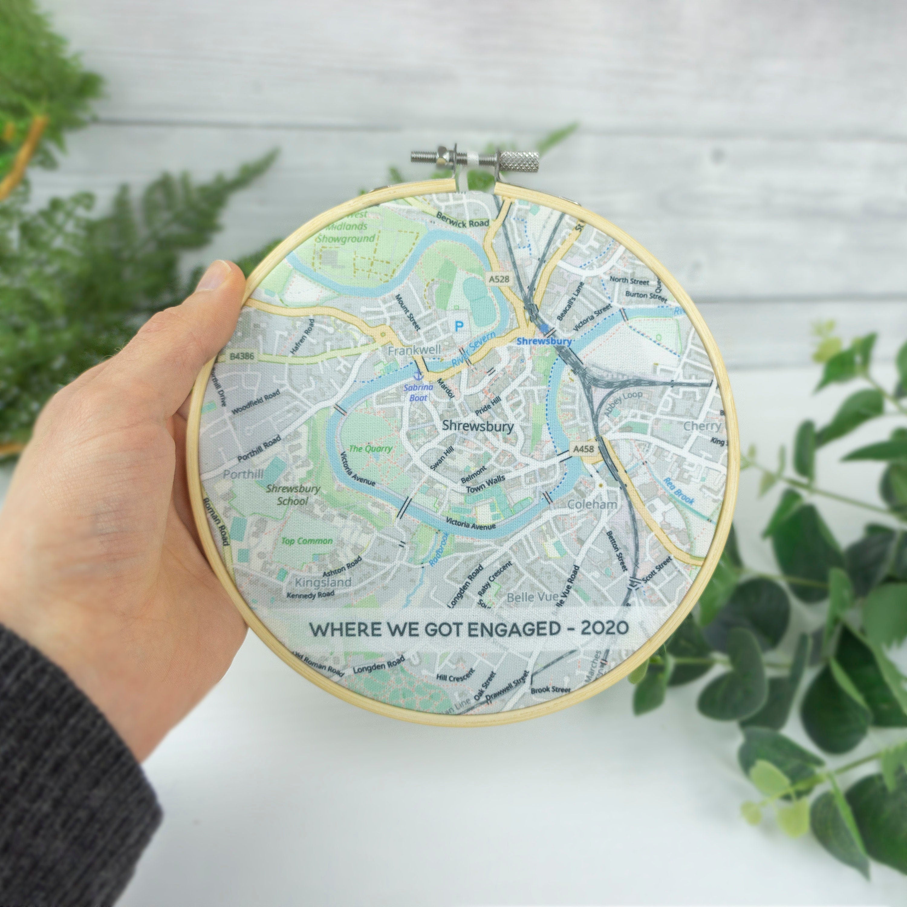 Personalised map embroidery hoop Cotton 2nd anniversary gift for husband wife him her Valentines gift for boyfriend girlfriend engagement