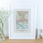 OS Map Print on linen fabric framed for 4th or 12th wedding anniversary gift. Custom location