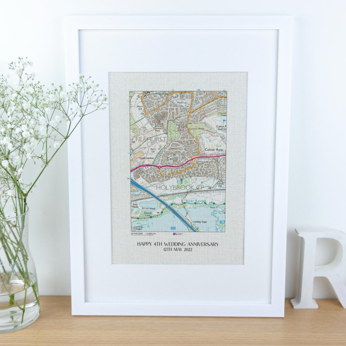 OS Map Print on linen fabric framed for 4th or 12th wedding anniversary gift. Custom location