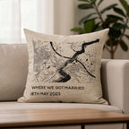 Personalised Map linen cushion for 4th or 12th wedding anniversary gift, black & white