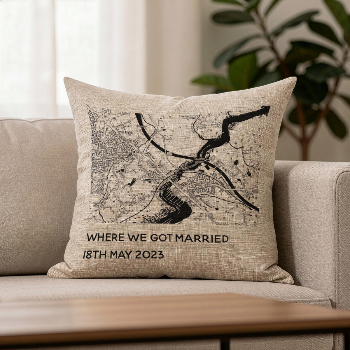 Personalised Map linen cushion for 4th or 12th wedding anniversary gift, black & white