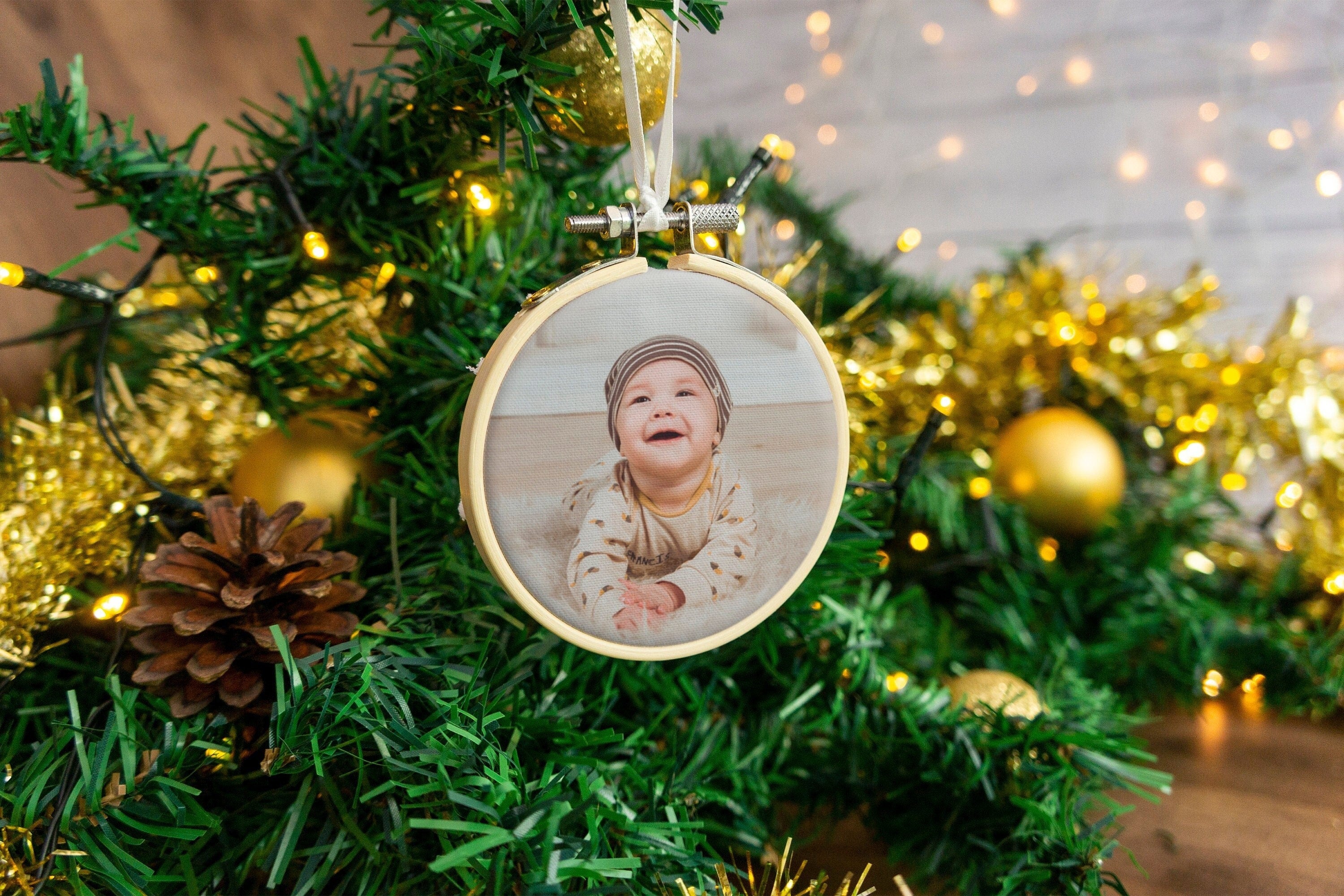 Christmas photo bauble decoration. Custom photo hanging embroidery hoop with custom photograph printed Baby's' first christmas xmas picture
