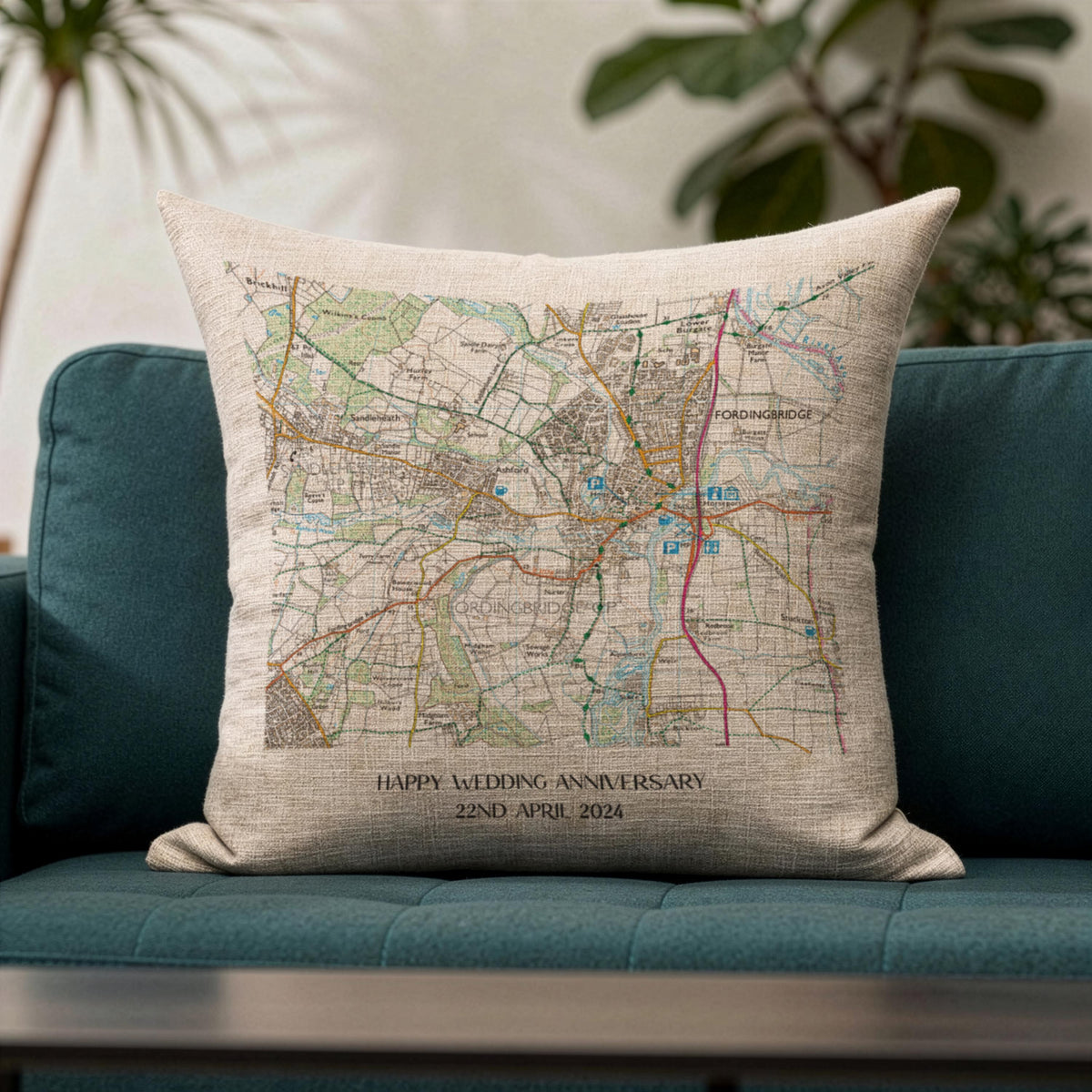OS Map linen cushion for 4th or 12th wedding anniversary gift. Special location