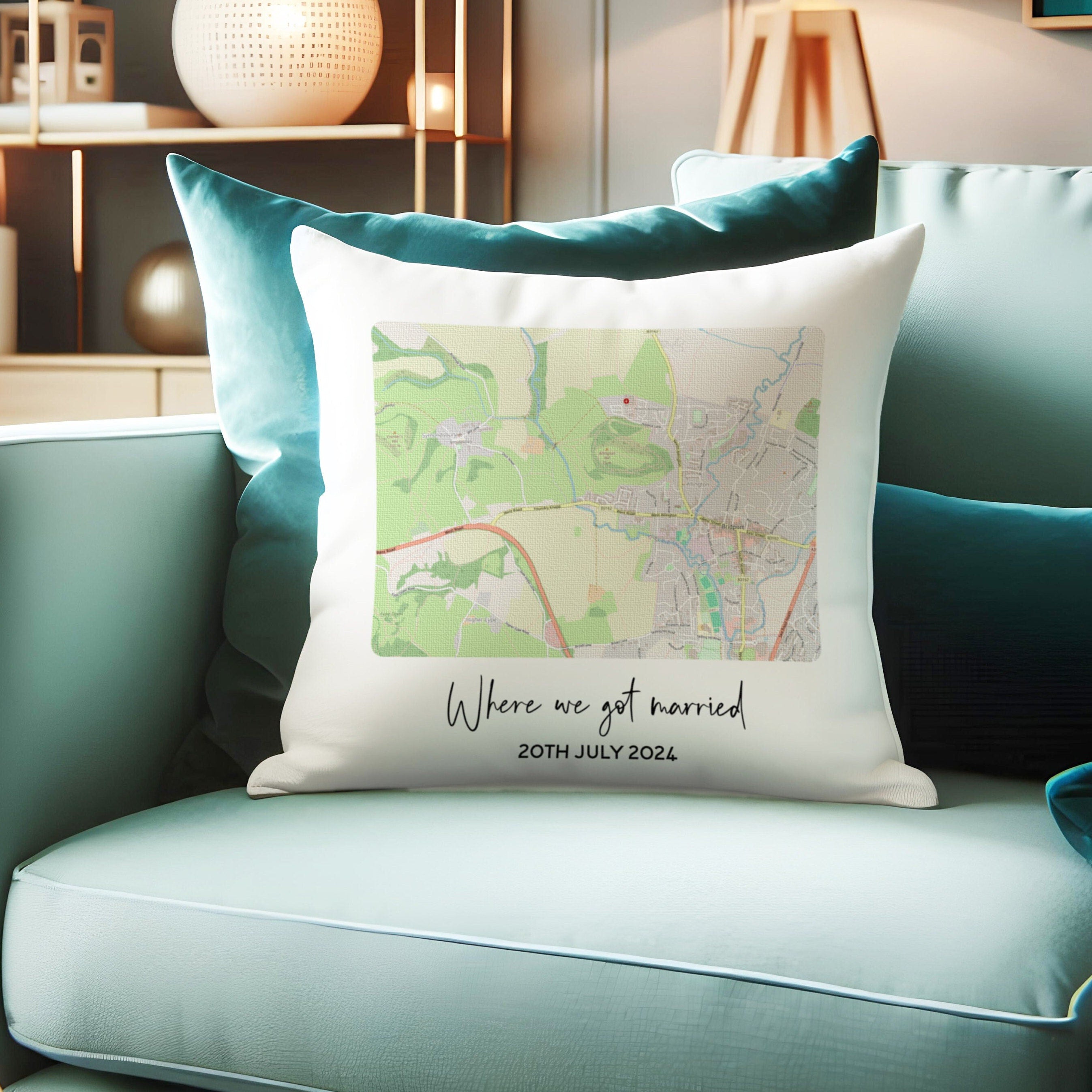 Special location map cushion for 2nd anniversary cotton gift for husband or wife. Wedding ceremony map gift for Mr & Mrs