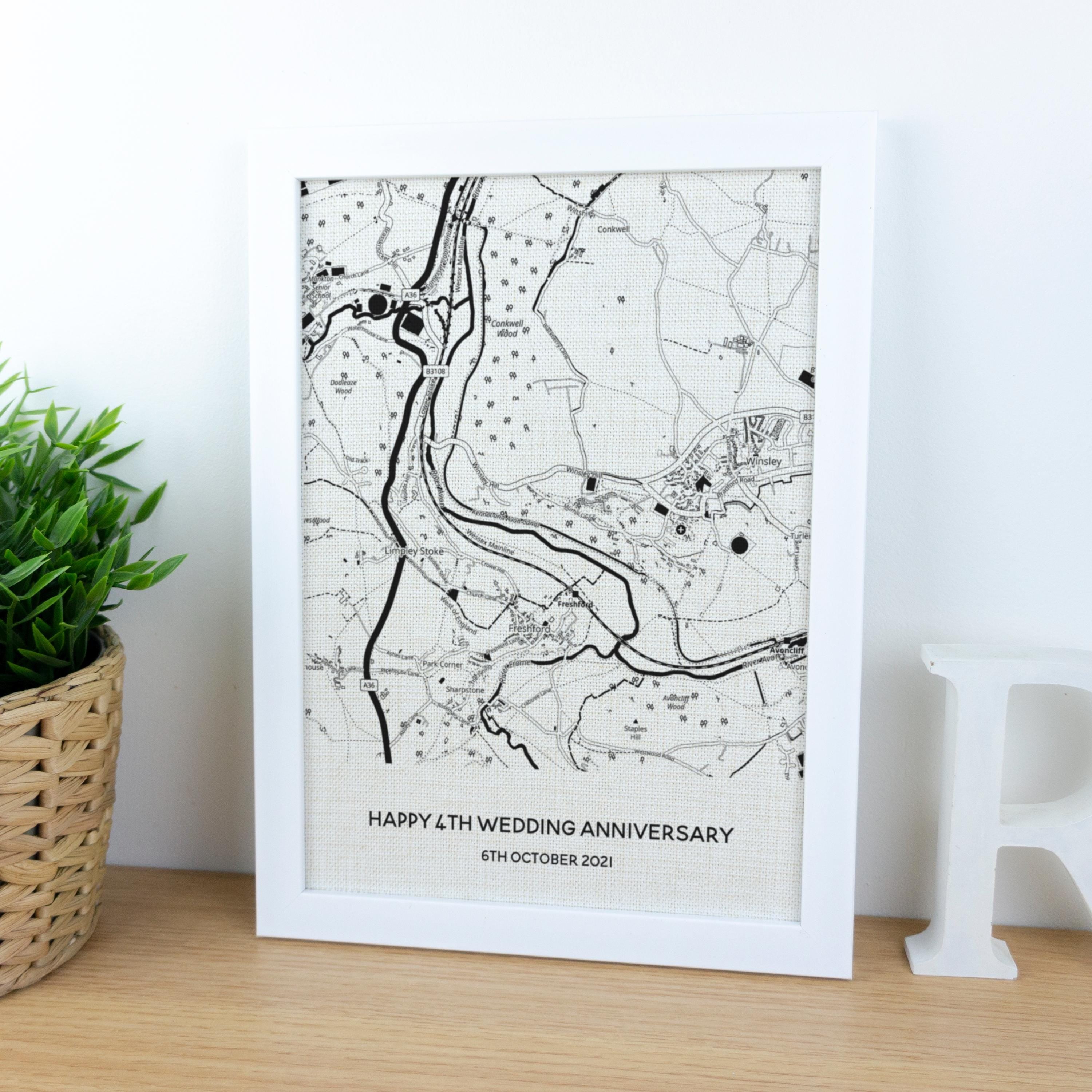 4th wedding anniversary custom linen map printed in black & white on fabric and framed