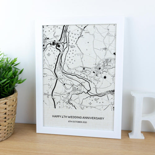 4th wedding anniversary custom linen map printed in black & white on fabric and framed