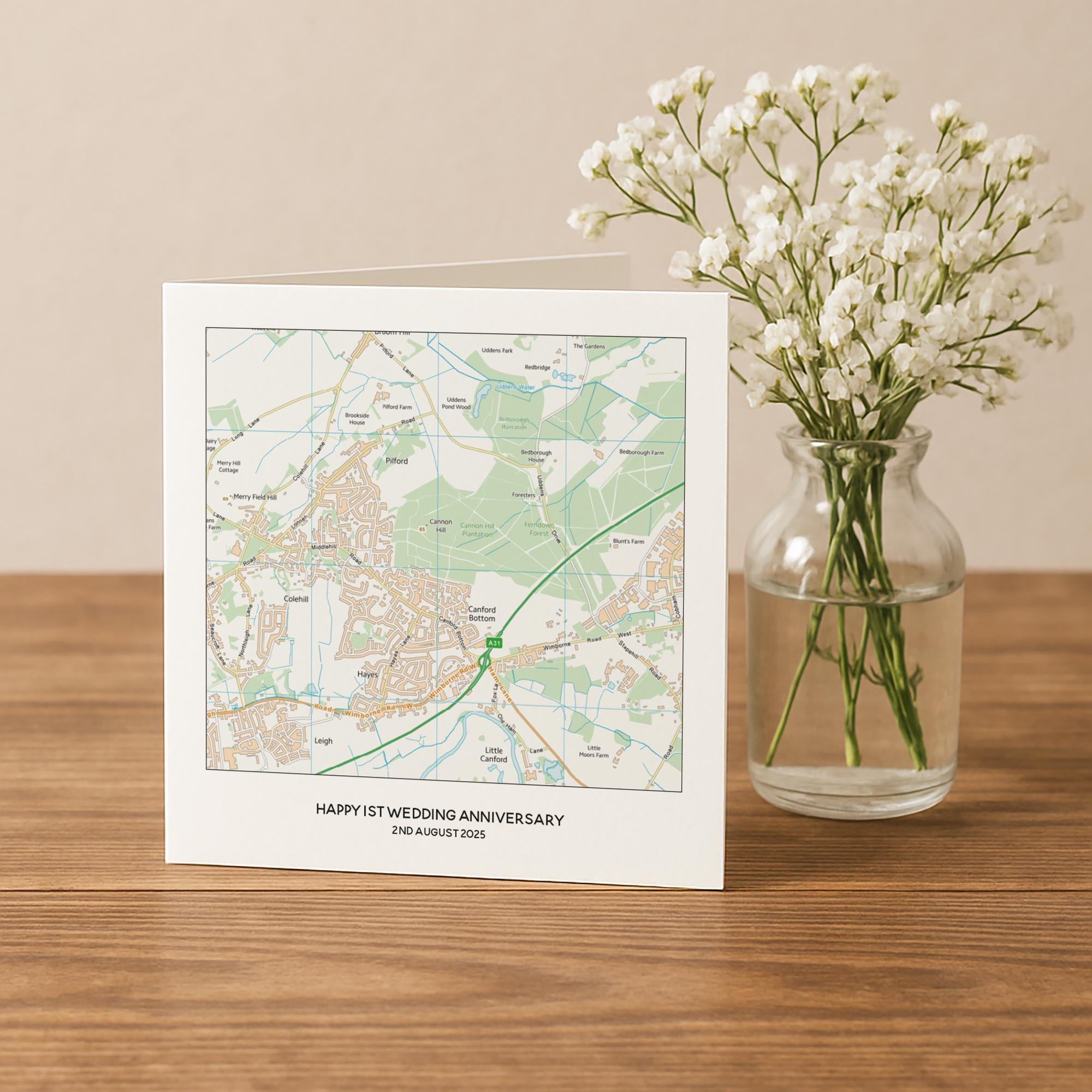 Personalised anniversary card with Ordnance Survey OS map anniversary gift for husband or wife. 1st paper wedding anniversary location