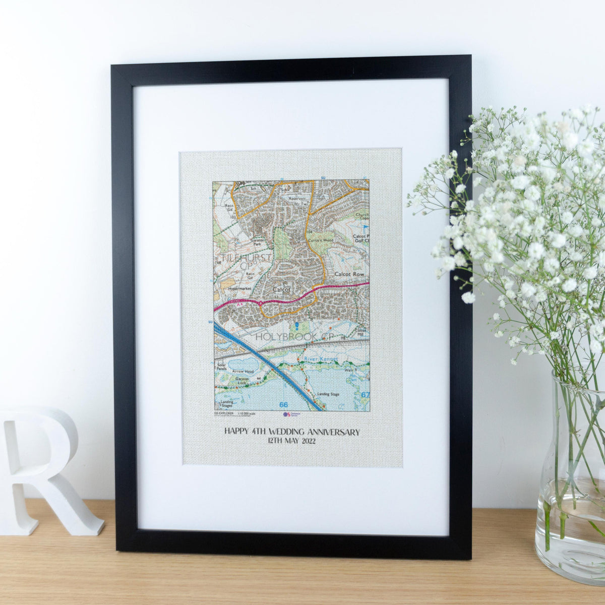 OS Map Print on linen fabric framed for 4th or 12th wedding anniversary gift. Custom location