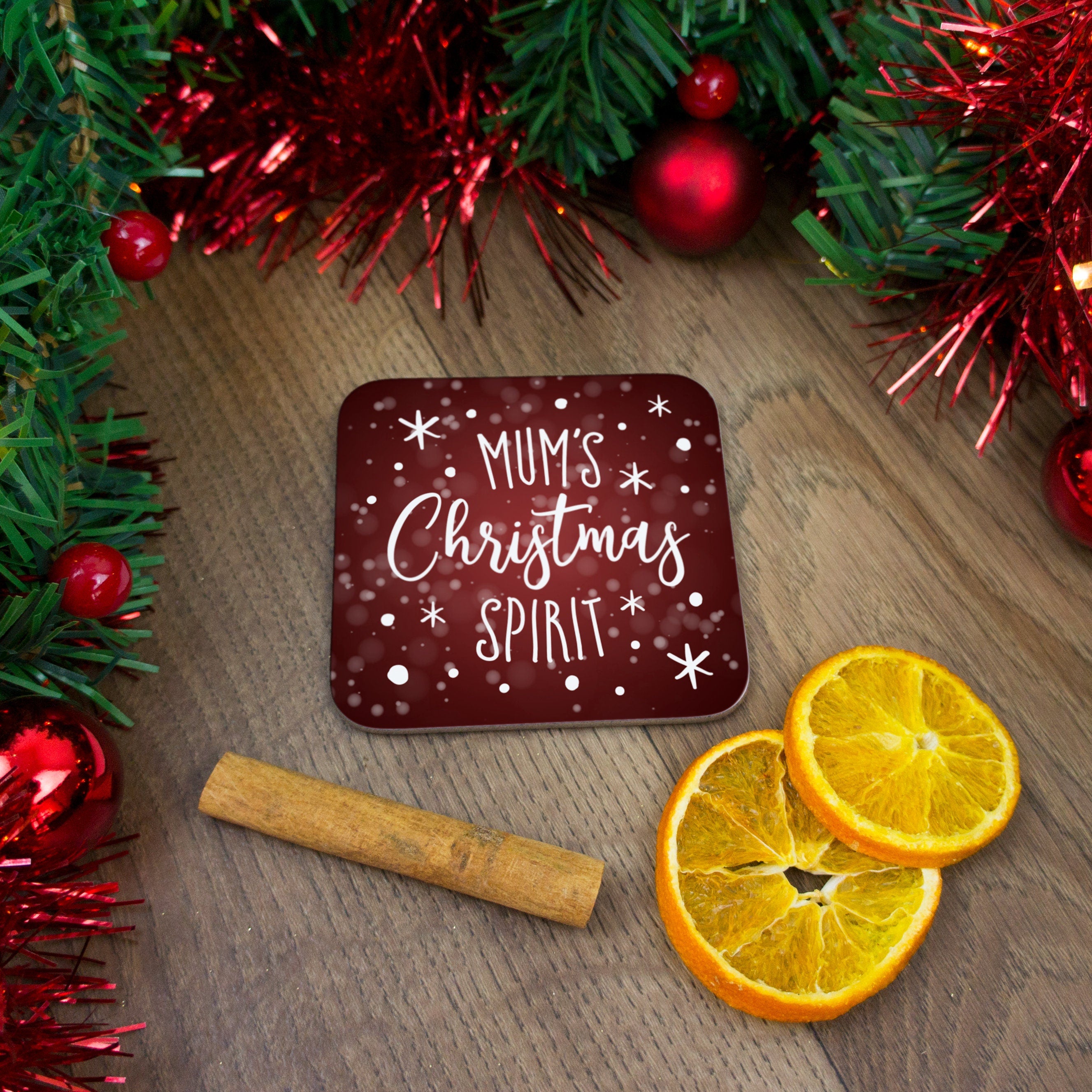 Christmas spirit coaster personalised with any name. Christmas gifts for best friend, custom xmas drinks mat coasters set for her