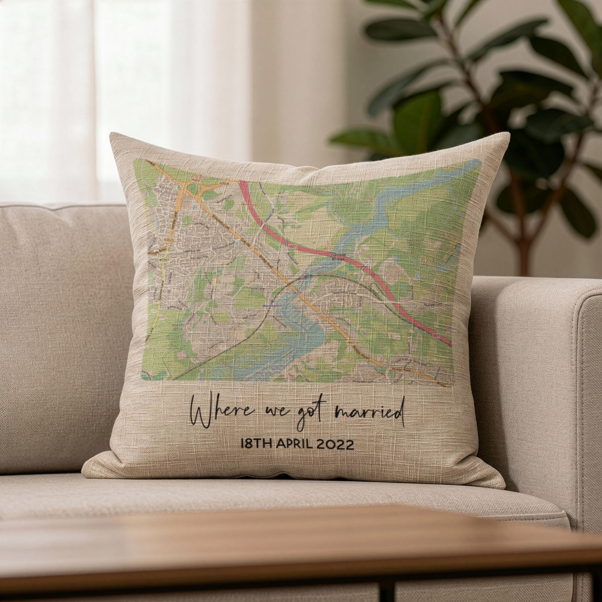 Map location linen cushion for 4th or 12th wedding anniversary gift