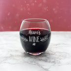 Stemless wine glass personalised with name and floral design. Custom engraved red, white wine glasses. Personalised gift for her mum