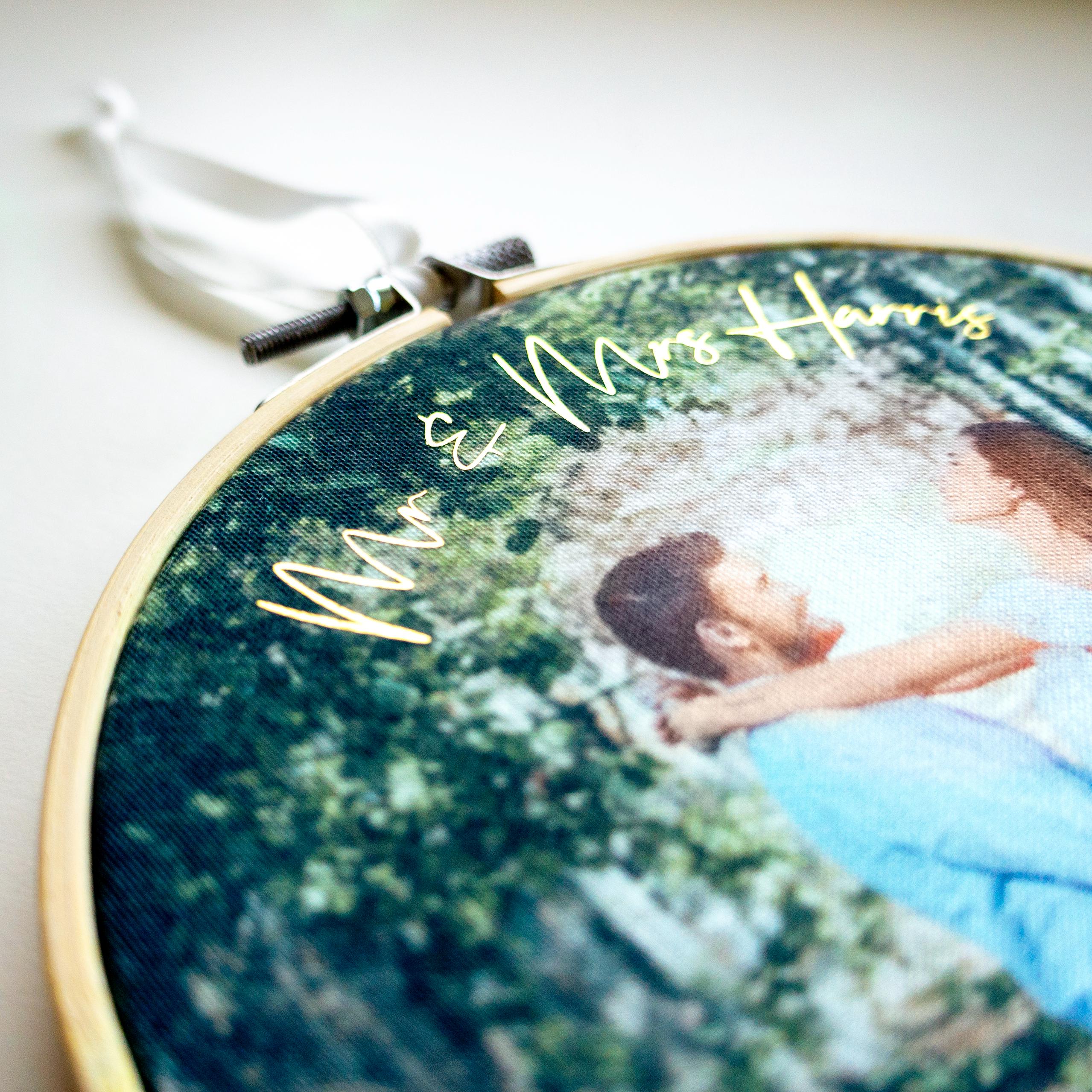 1st Father's Day gift for him from newborn child. Cotton embroidery hoop frame with photography of Daddy and baby print for new dad