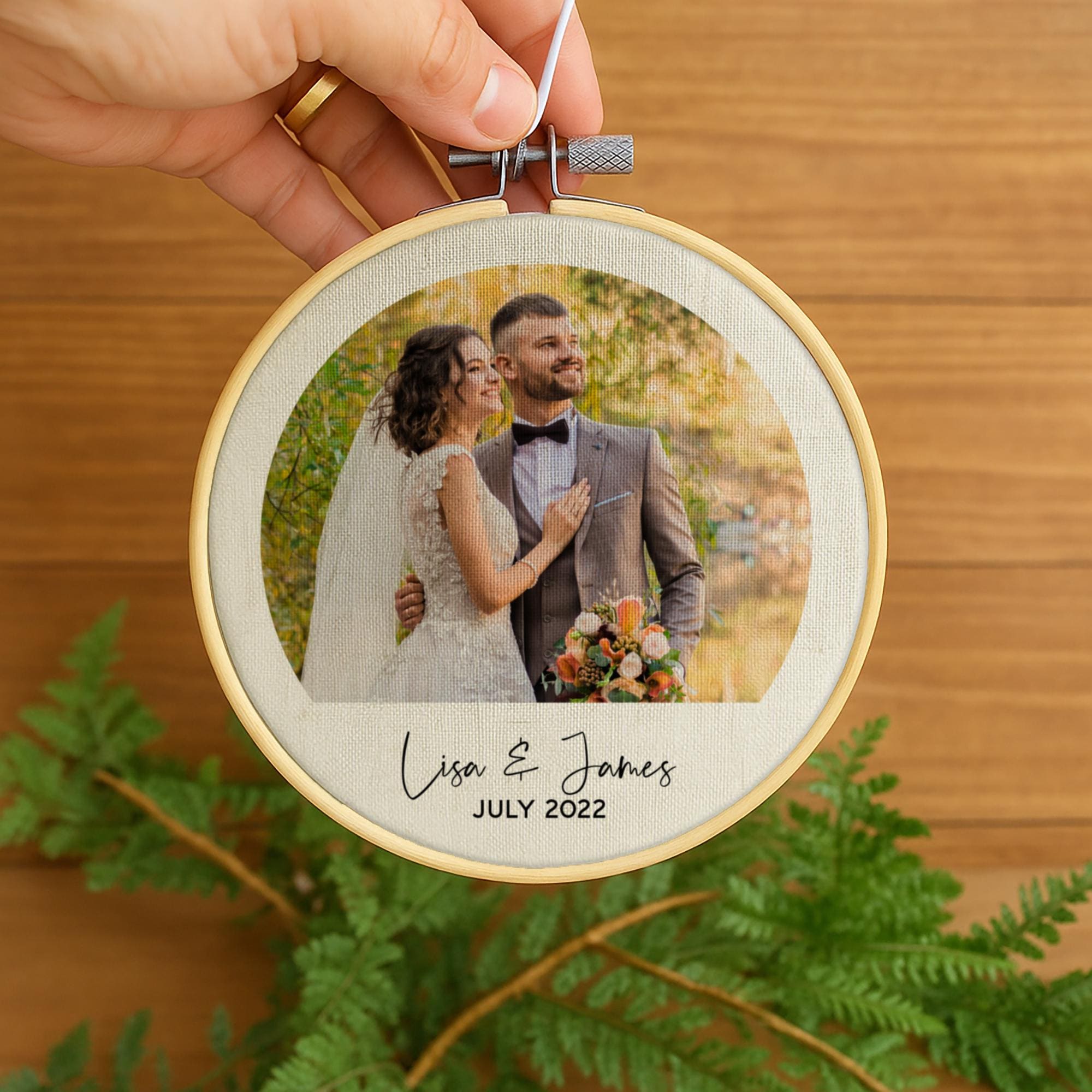 Couples photo on linen fabric hoop for 4th wedding anniversary gift