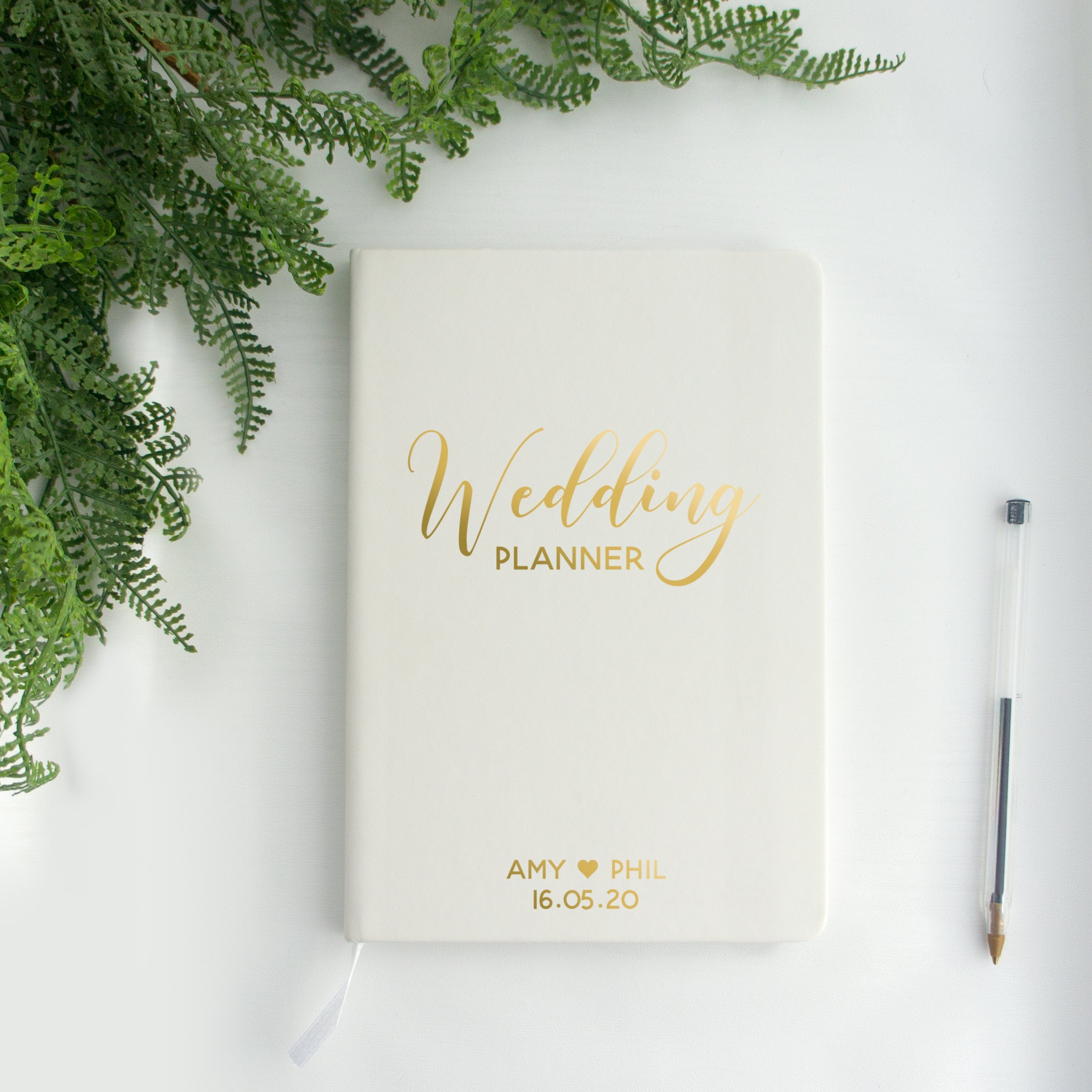 Personalised  Wedding Planner - Lined A5 notebook for wedding planning. Journal plans for just married couple White soft cover vegan leather