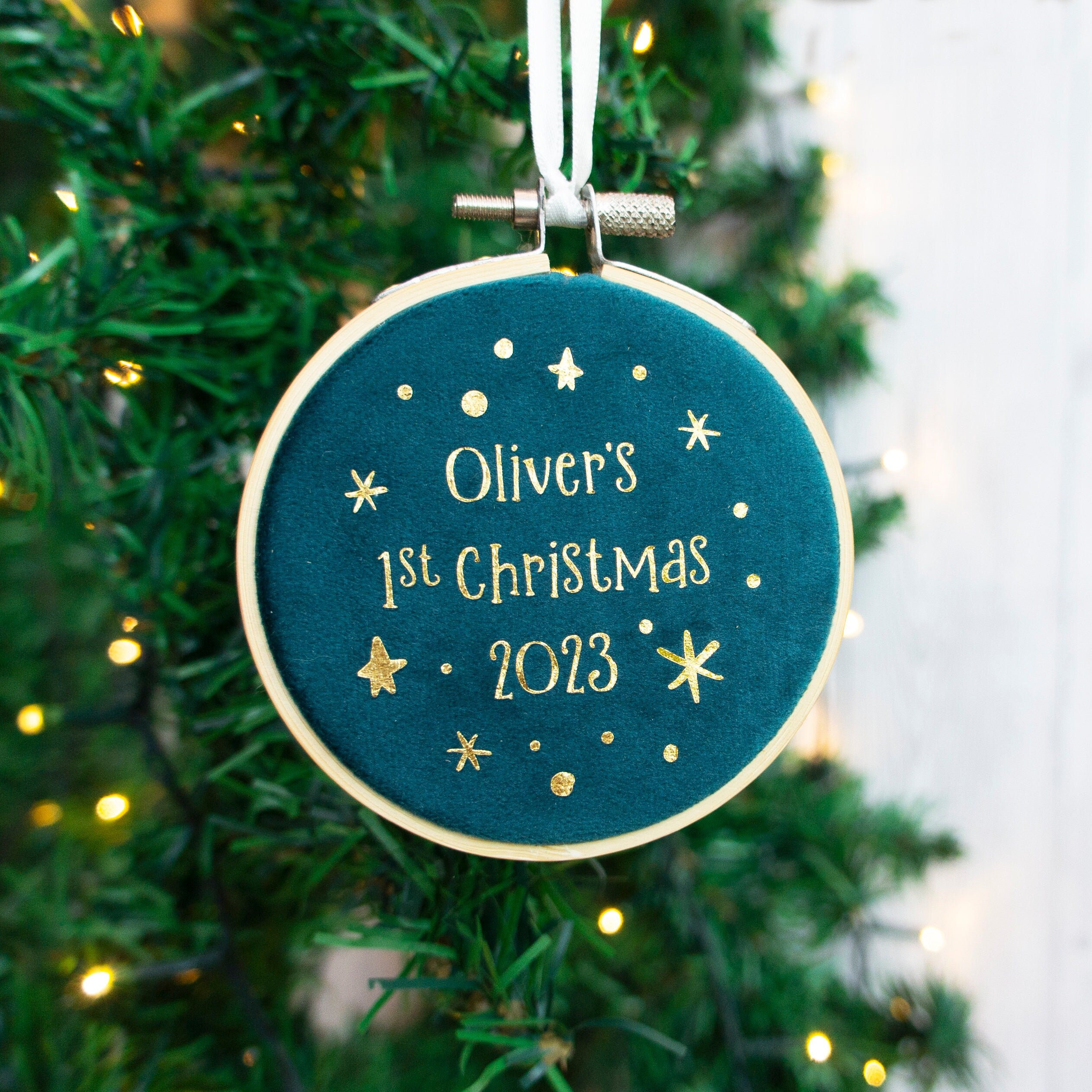 Baby's first Christmas ornament. Xmas tree bauble decoration for New child's 1st xmas velvet hanging embroidery hoop for parent gift in gold