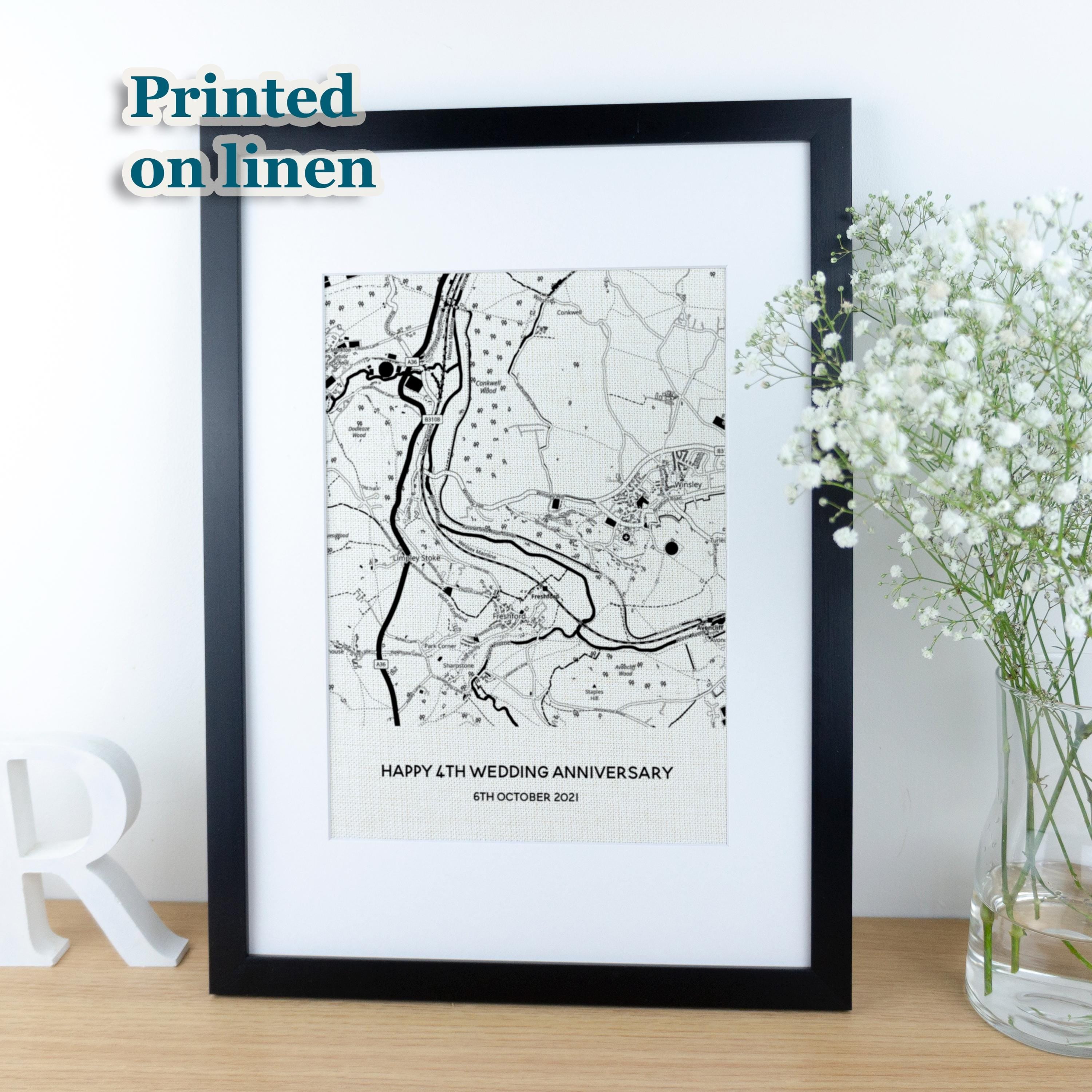 4th wedding anniversary custom linen map printed in black & white on fabric and framed