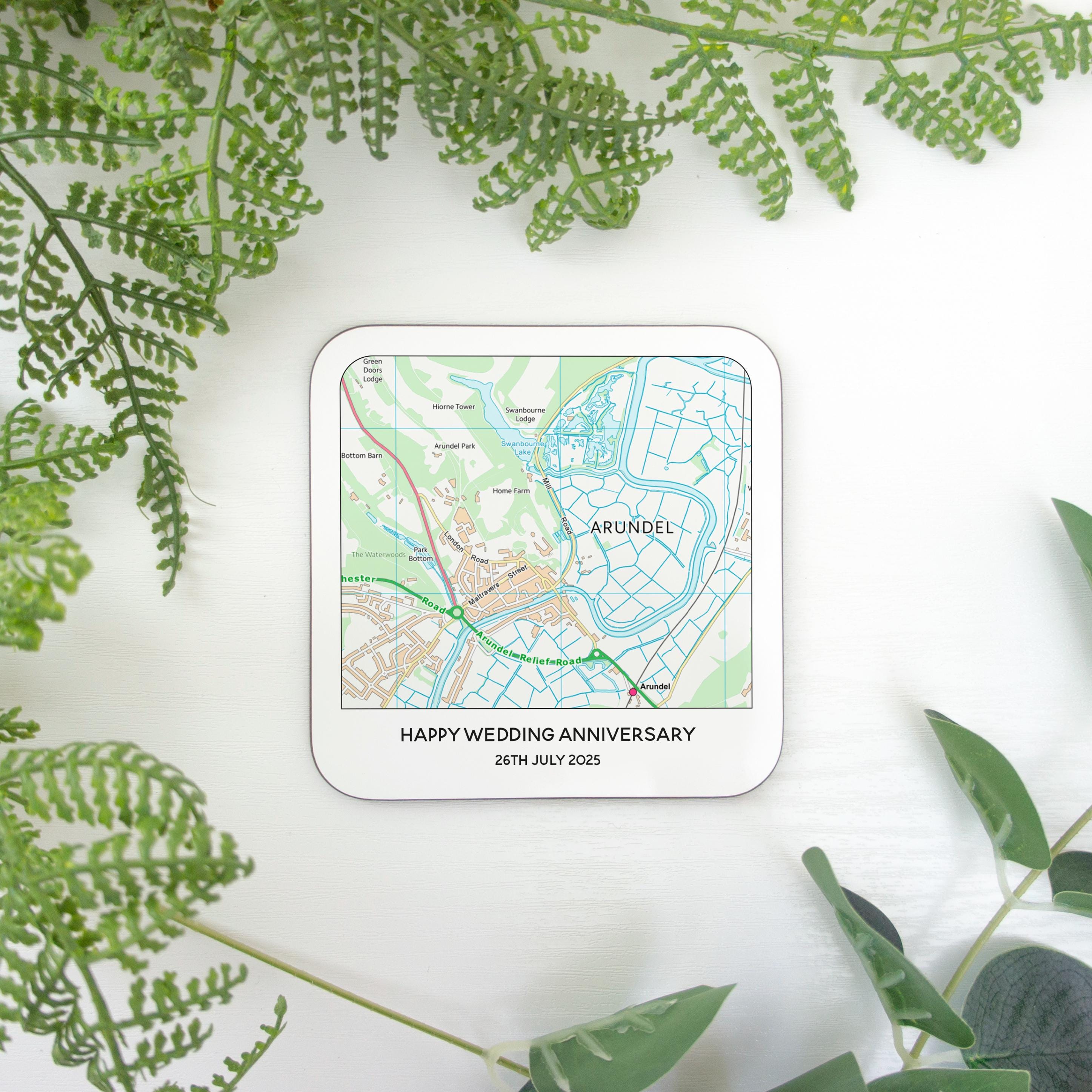 Custom OS map coaster anniversary gift for husband or wife. Ordnance Survey map drinks mat gift for him or her, boyfriend girlfriend